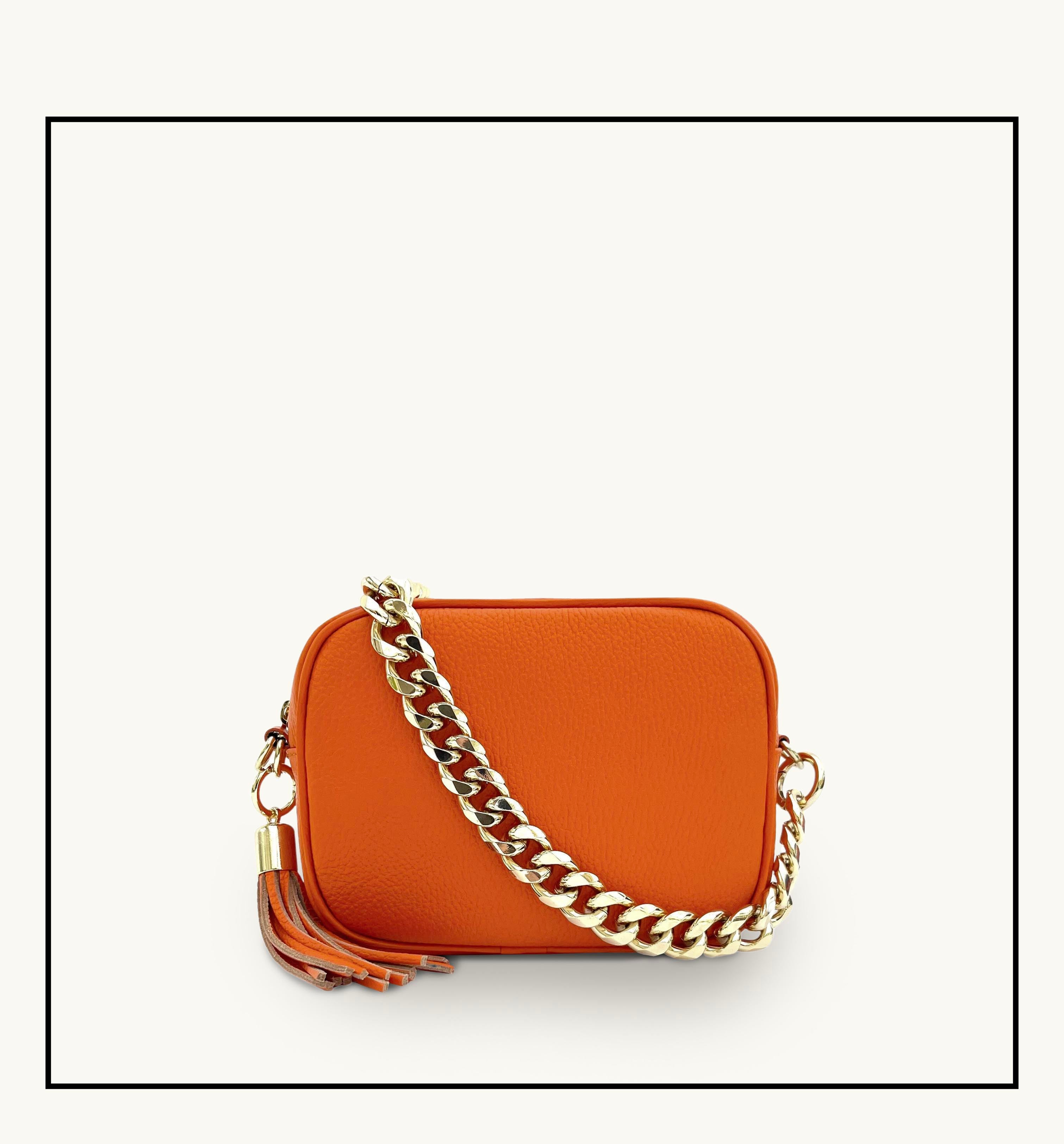 The Tassel Orange Leather Crossbody Bag With Gold Chain Strap