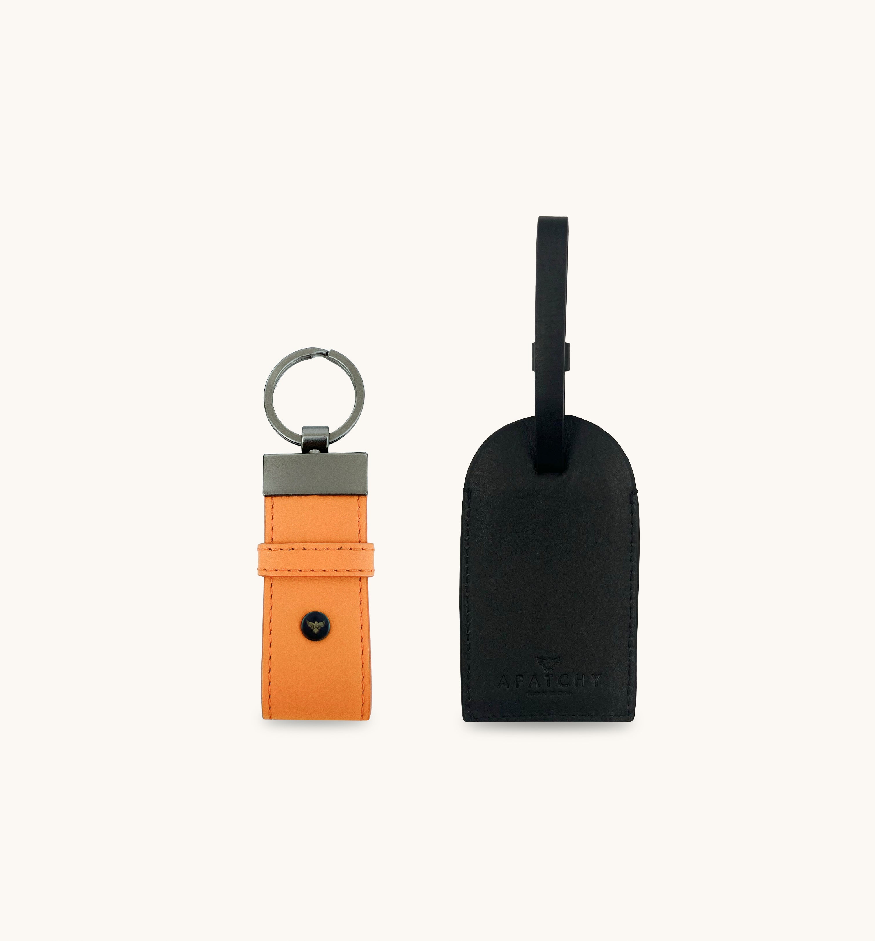 Black Leather Luggage Tag and Orange Loop Keyring Gift Set