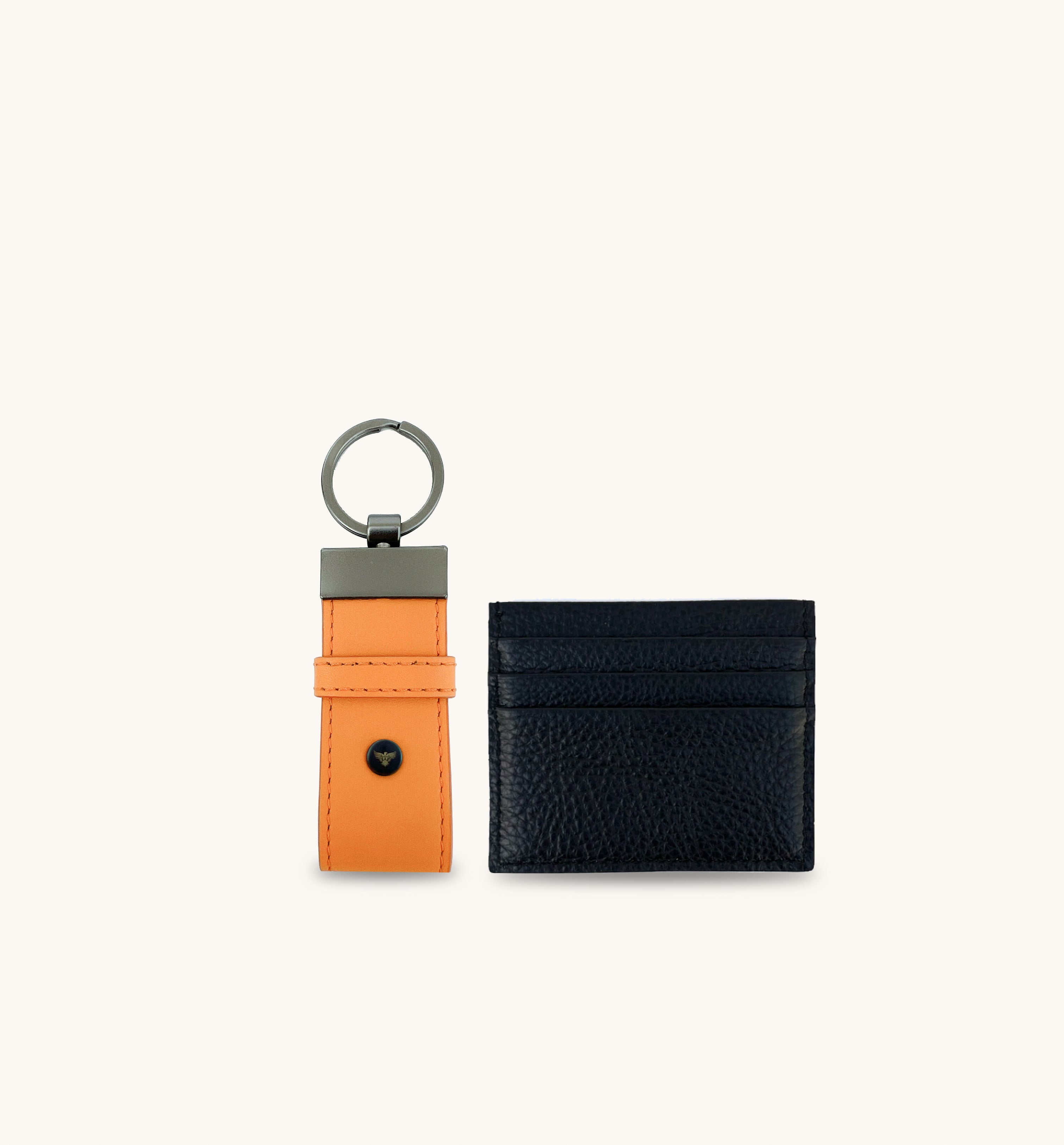 Orange Leather Loop Keyring and Black Cardholder Gift Set