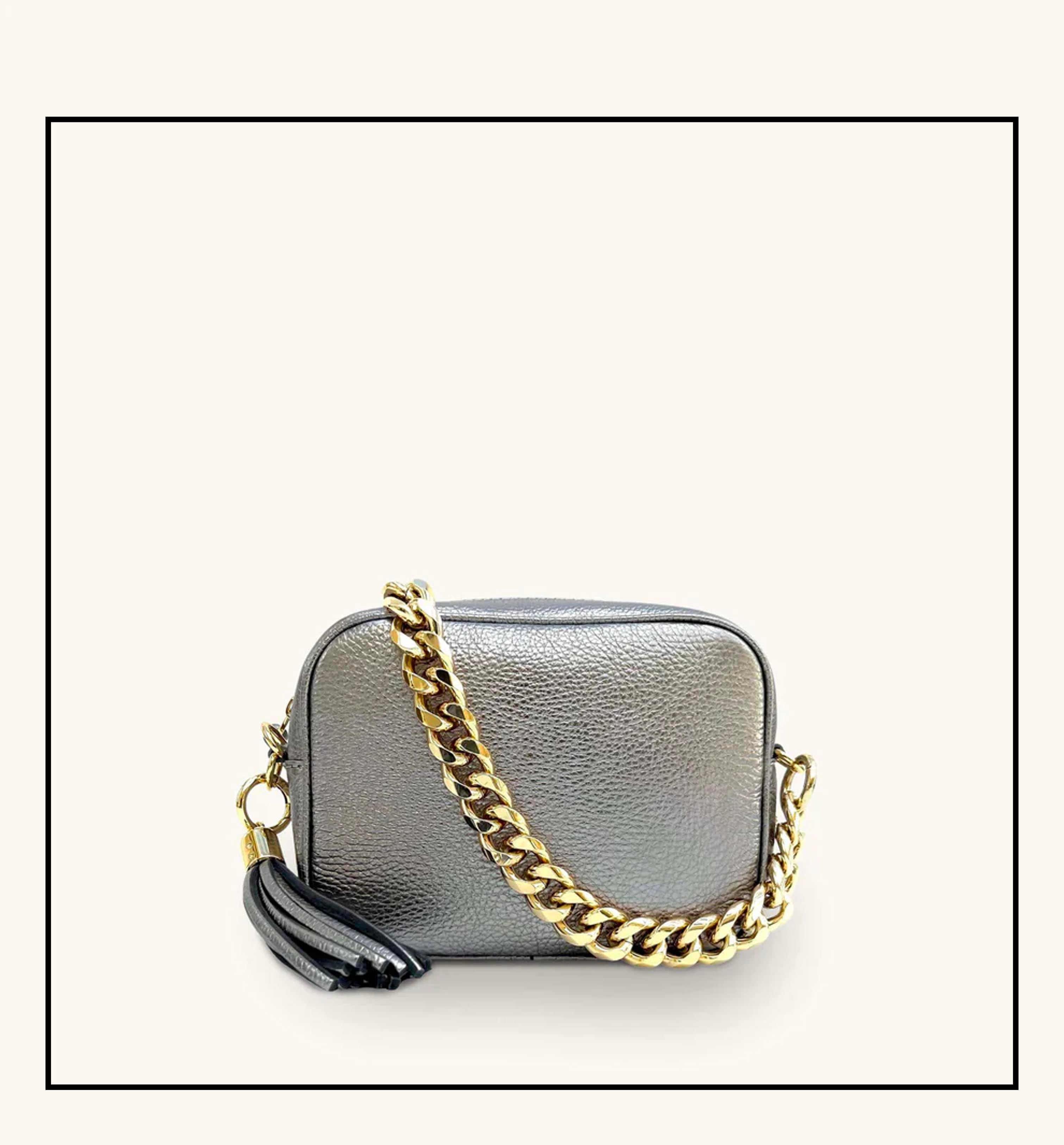 The Tassel Pewter Leather Crossbody Bag With Gold Chain Strap
