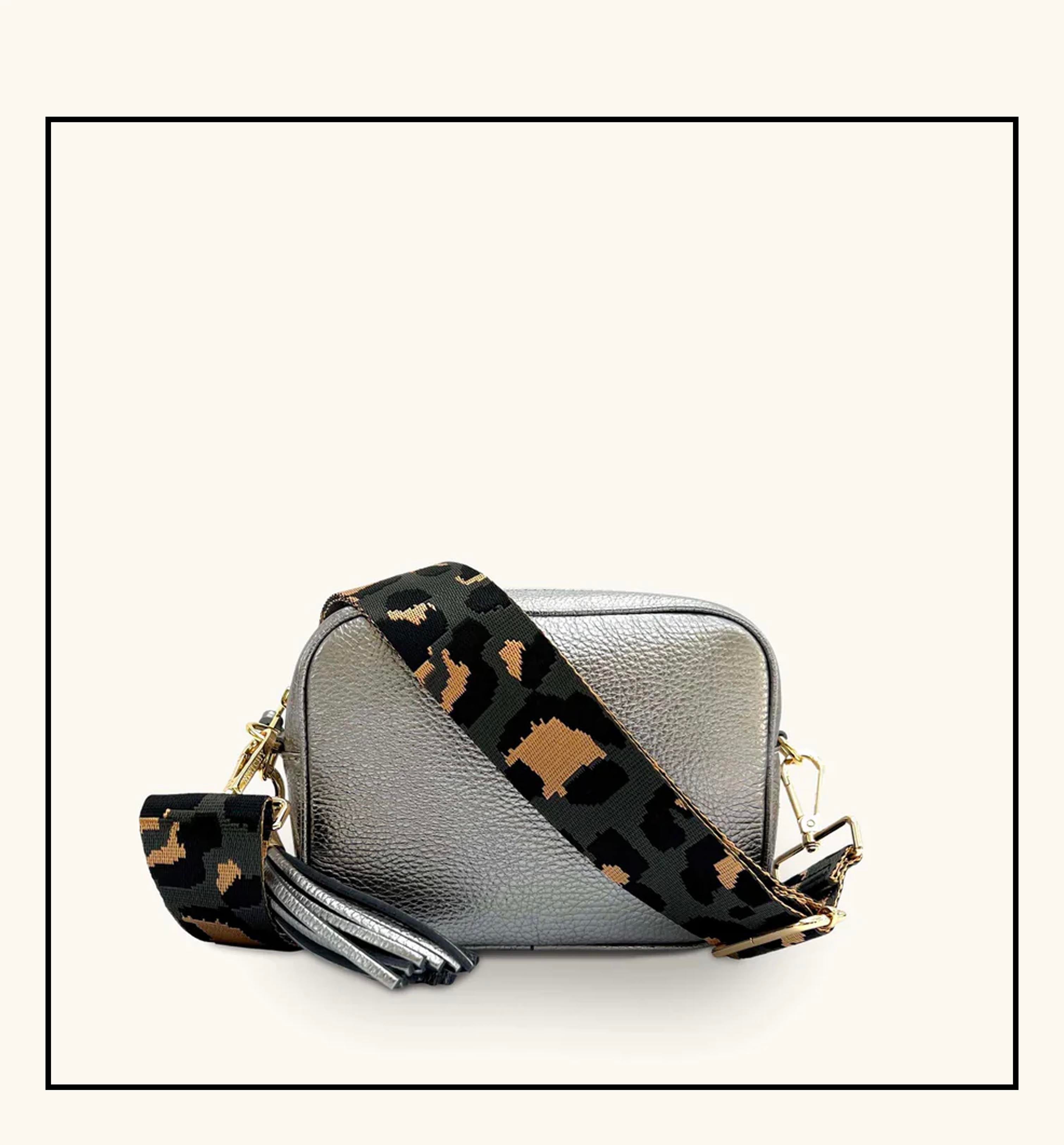 The Tassel Pewter Leather Crossbody Bag With Grey Leopard Strap