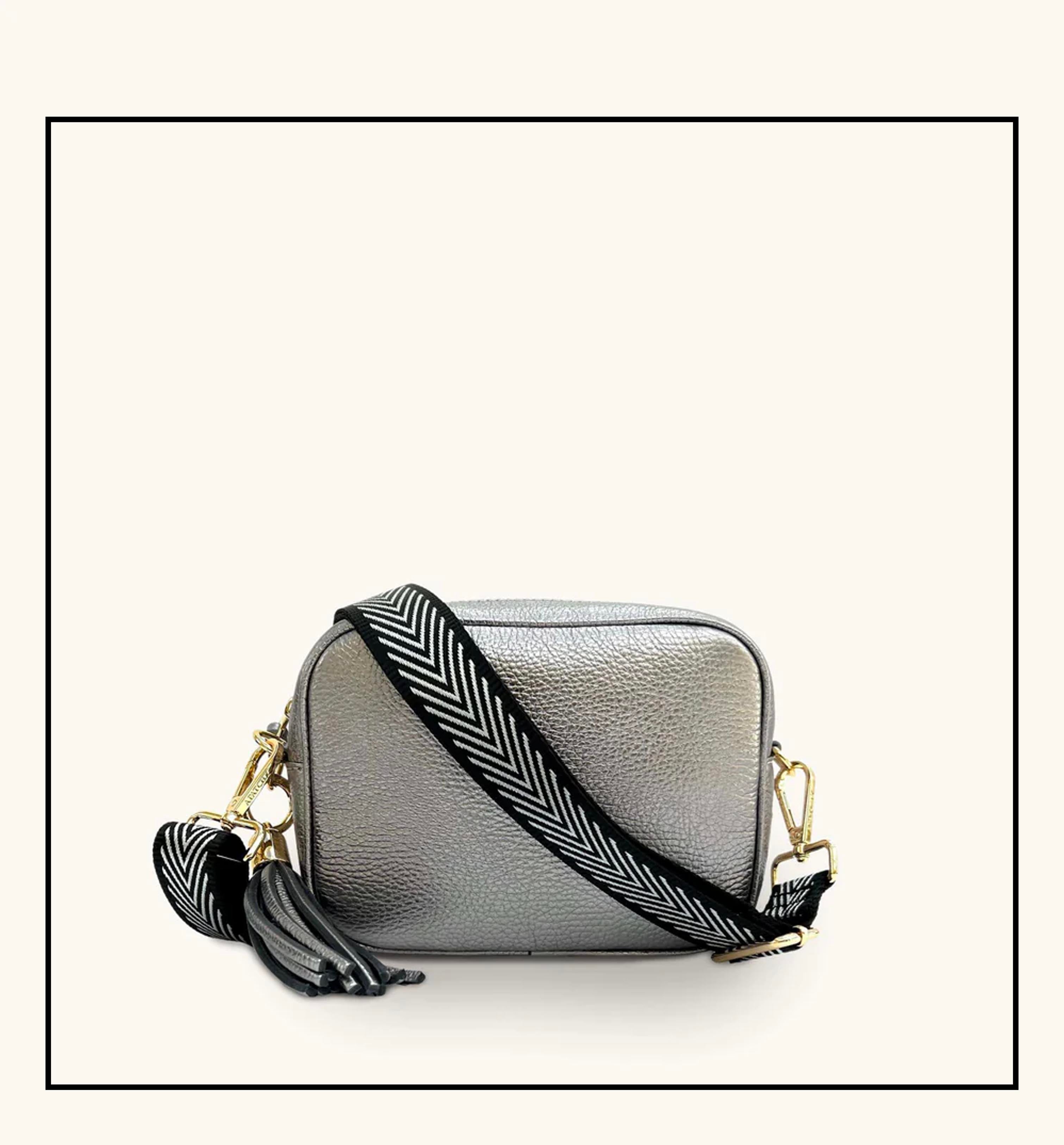 The Tassel Pewter Leather Crossbody Bag With Black & Silver Chevron Strap