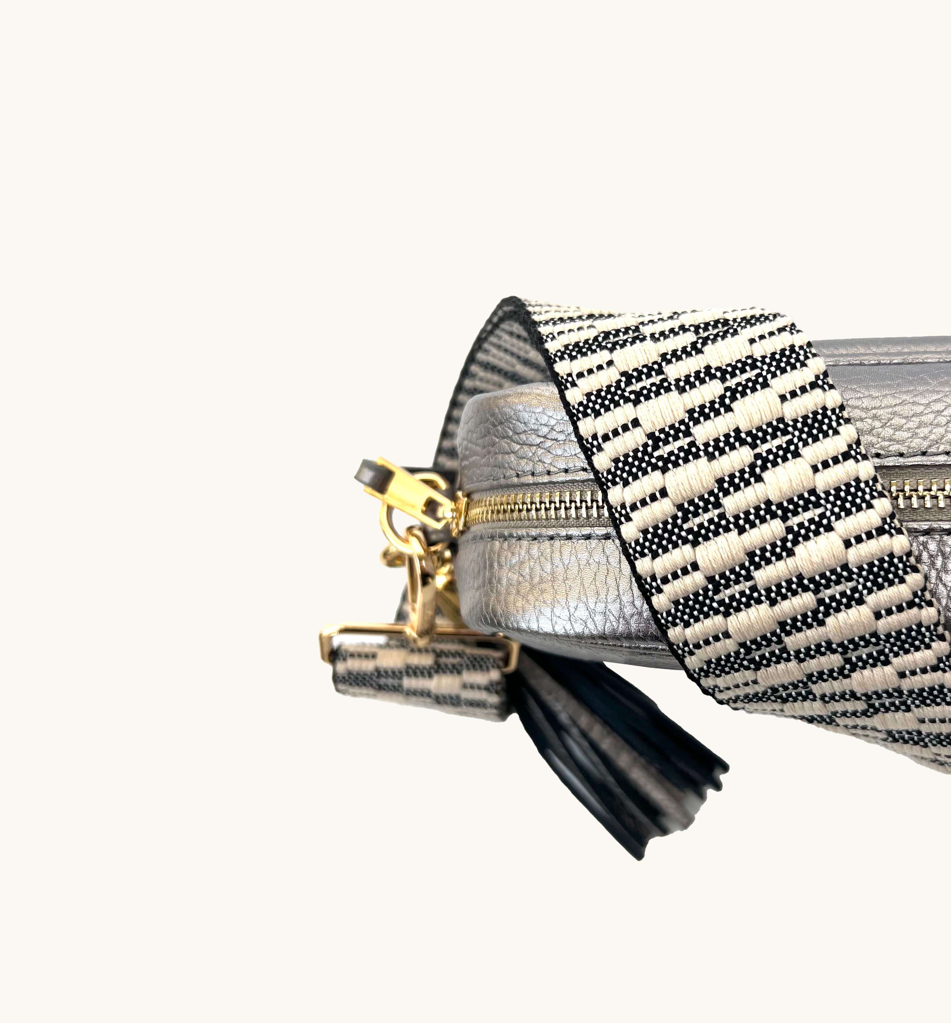 The Tassel Pewter Leather Crossbody Bag With Midnight Zigzag Strap