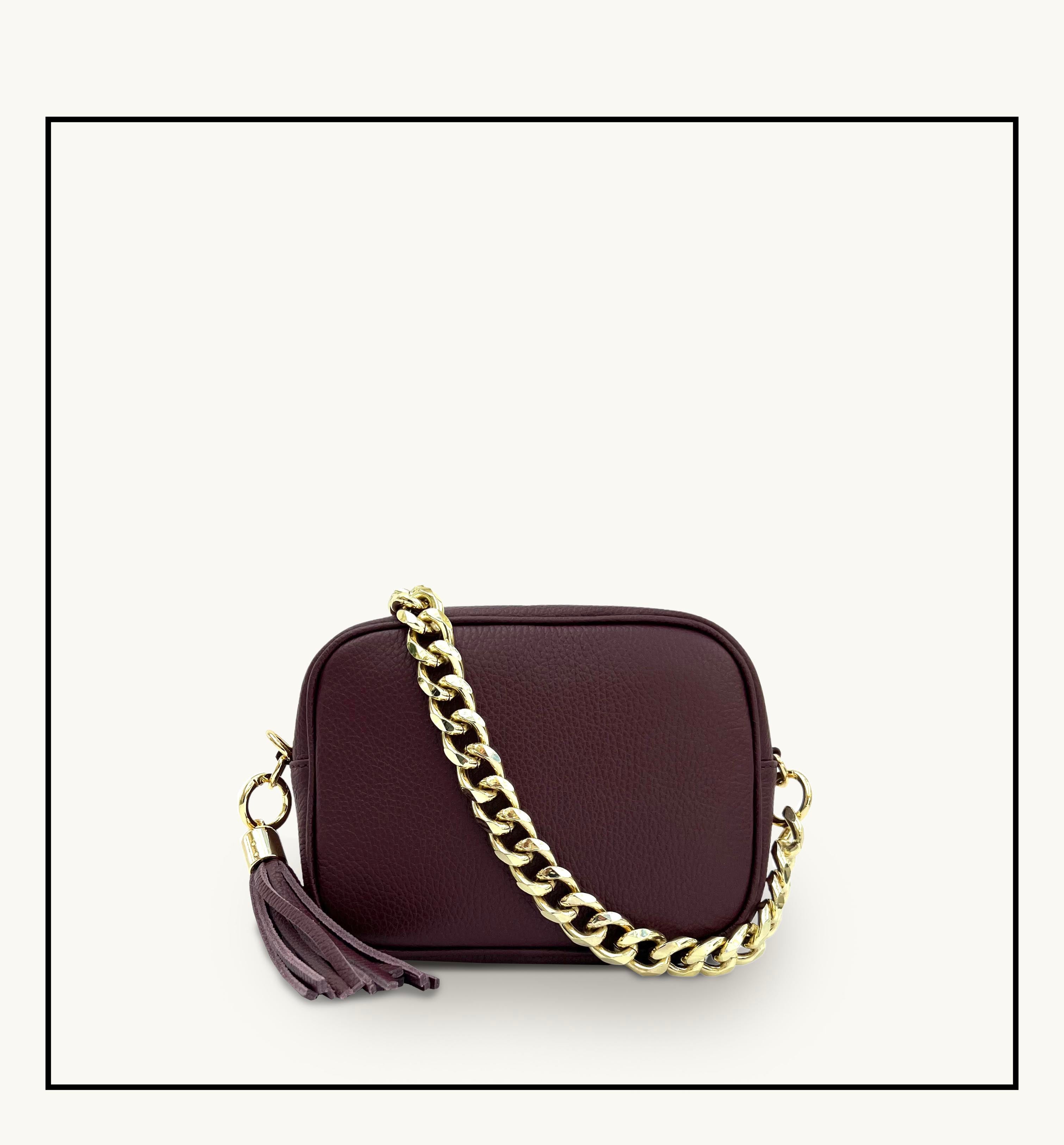The Tassel Burgundy Leather Crossbody Bag With Gold Chain Strap
