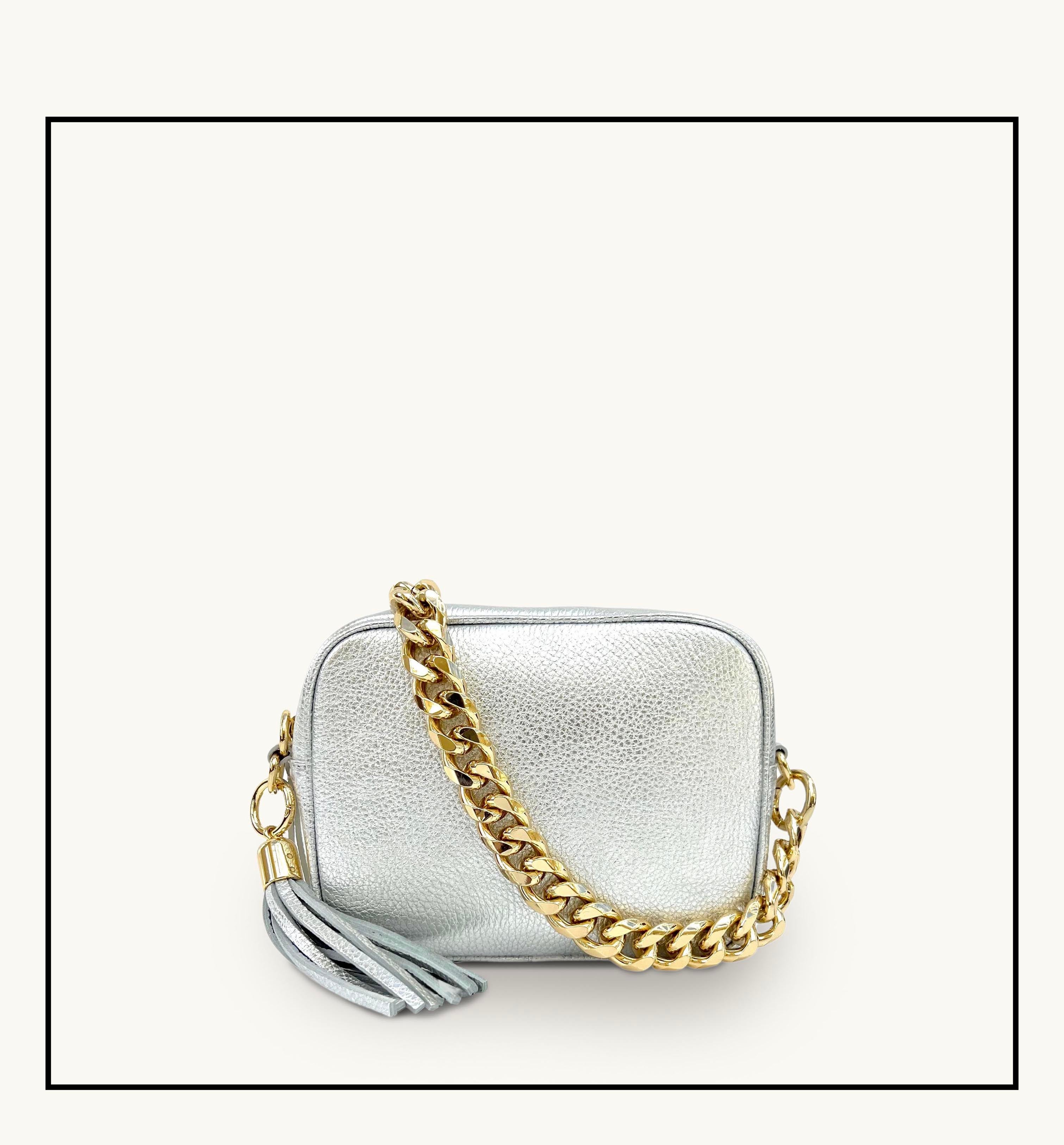 The Tassel Silver Leather Crossbody Bag With Gold Chain Strap