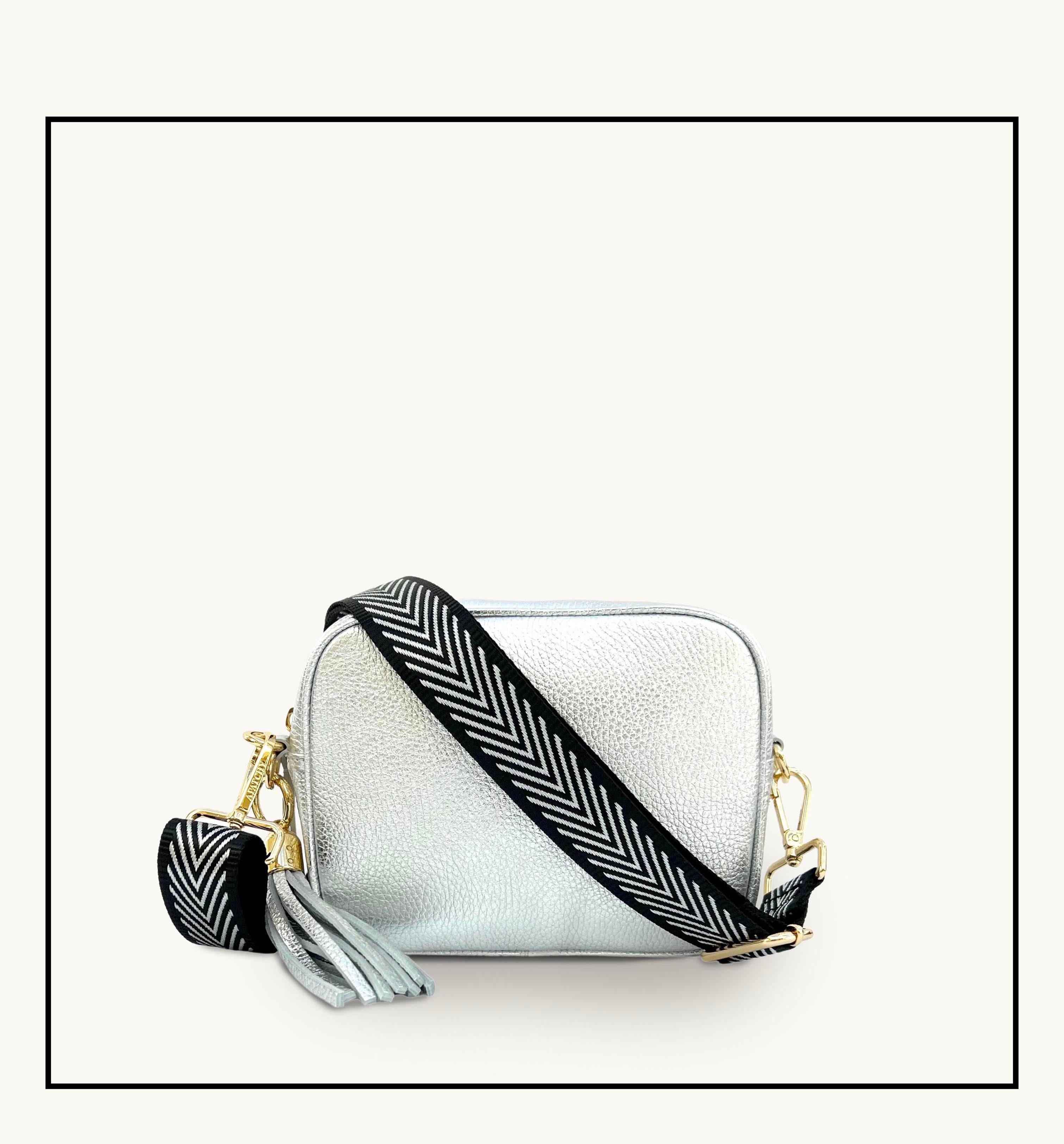 The Tassel Silver Leather Crossbody Bag With Black & Silver Chevron Strap