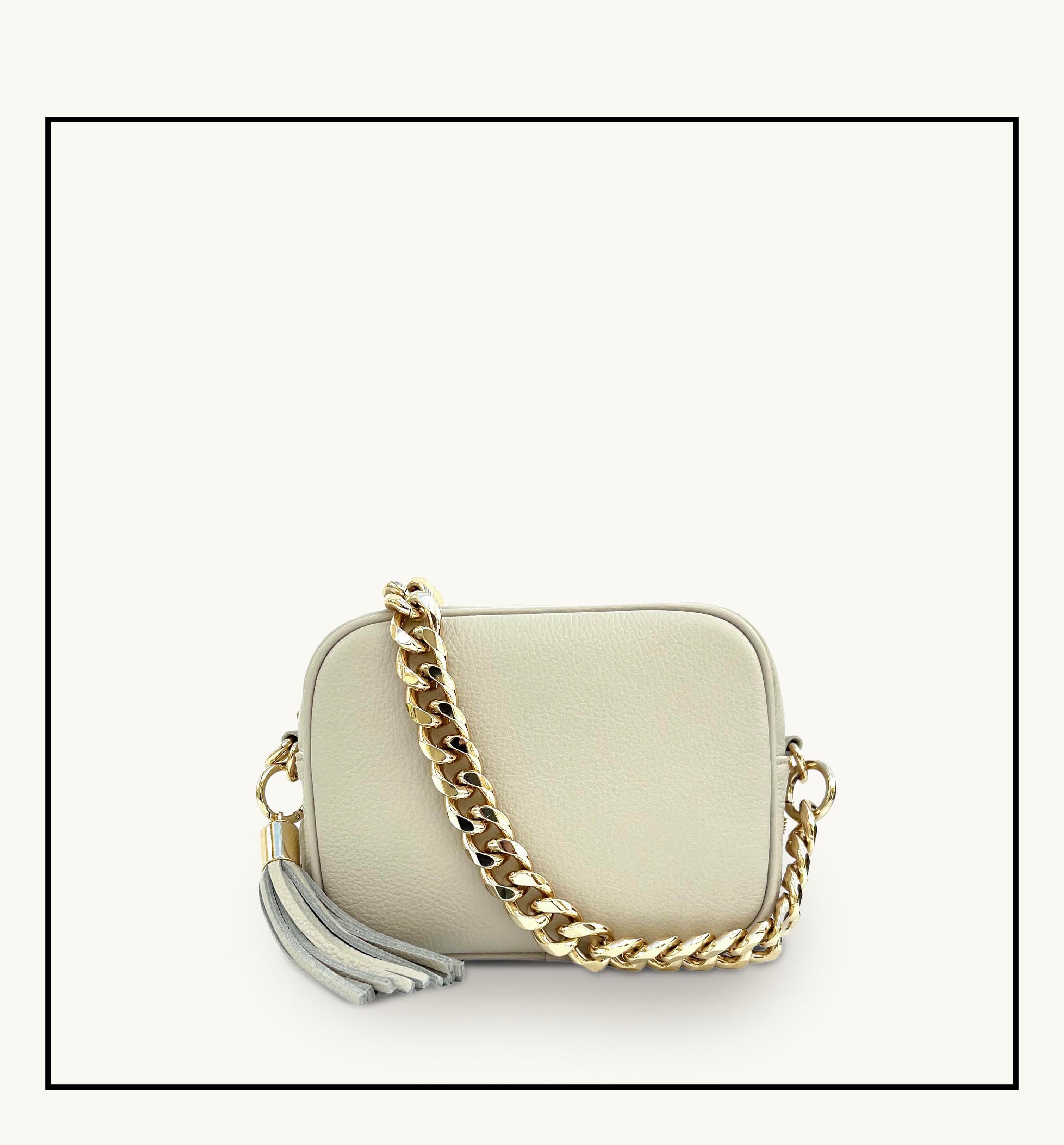 The Tassel Stone Leather Crossbody Bag With Gold Chain Strap
