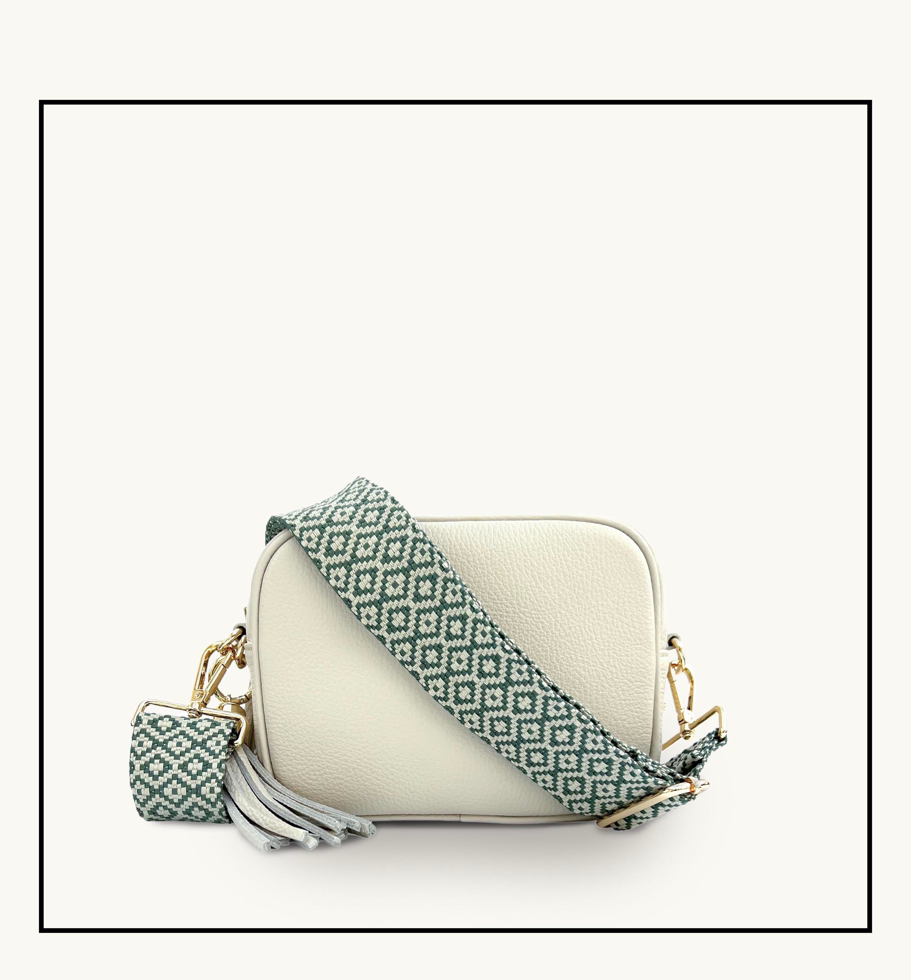The Tassel Stone Leather Crossbody Bag With Pistachio Cross-Stitch Strap