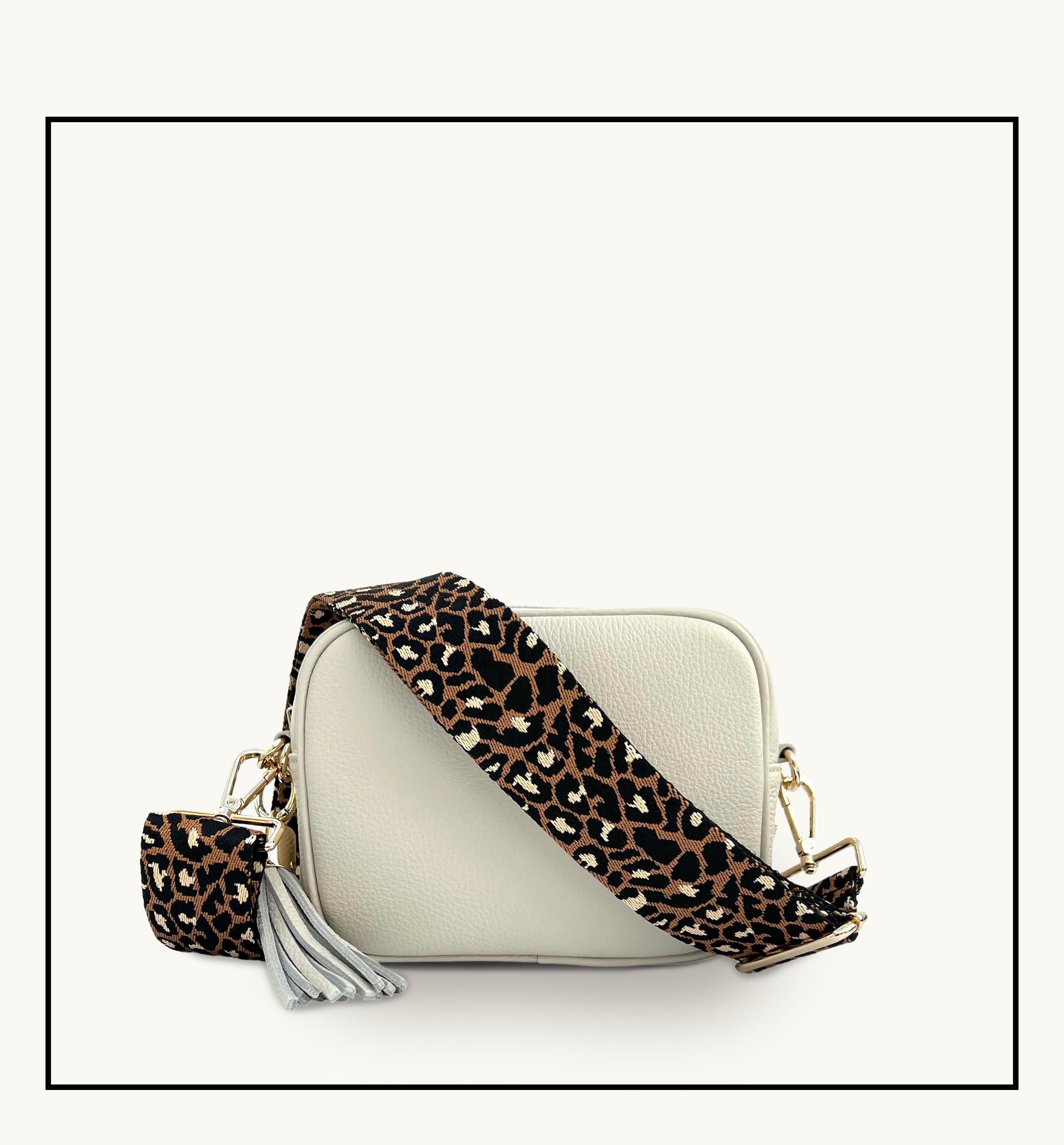 The Tassel Stone Leather Crossbody Bag With Tan Cheetah Strap