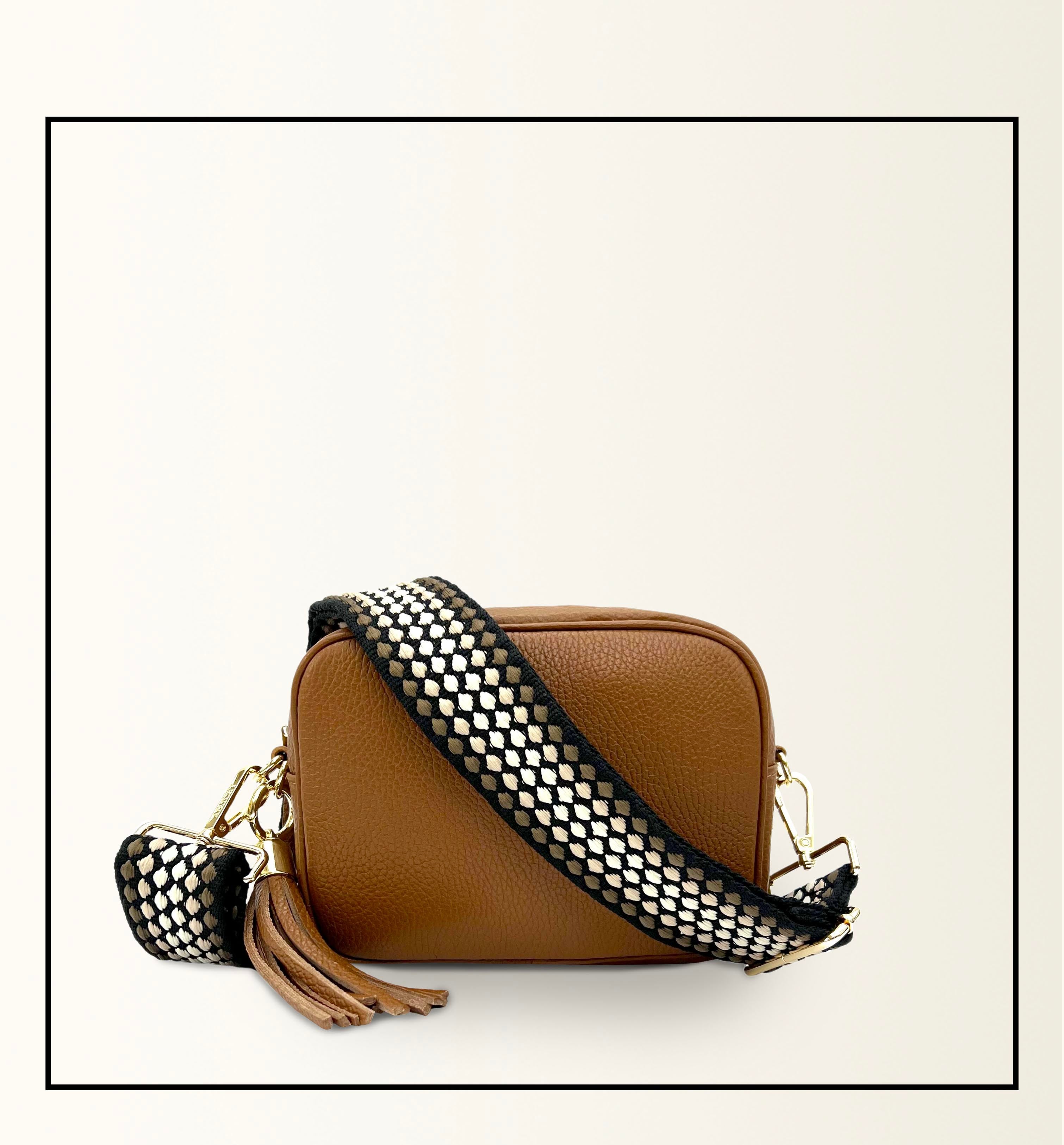 The Tassel Tan Leather Crossbody Bag With Cappuccino Dots Strap