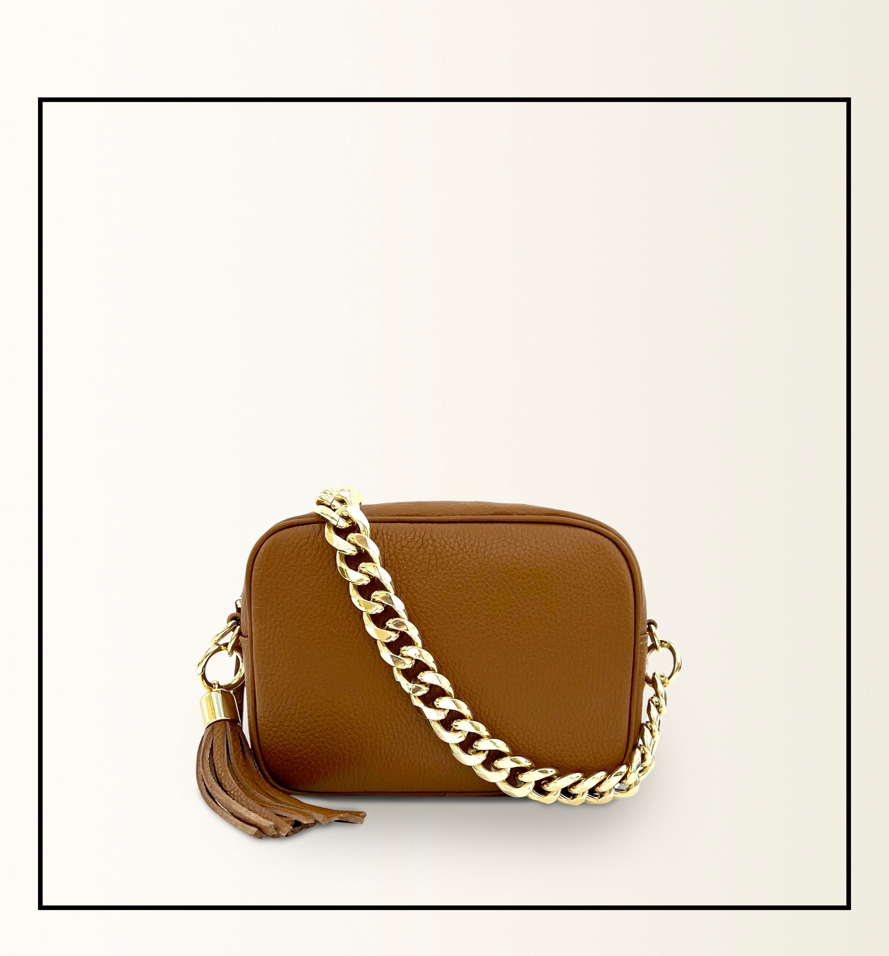 The Tassel Tan Leather Crossbody Bag With Gold Chain Strap