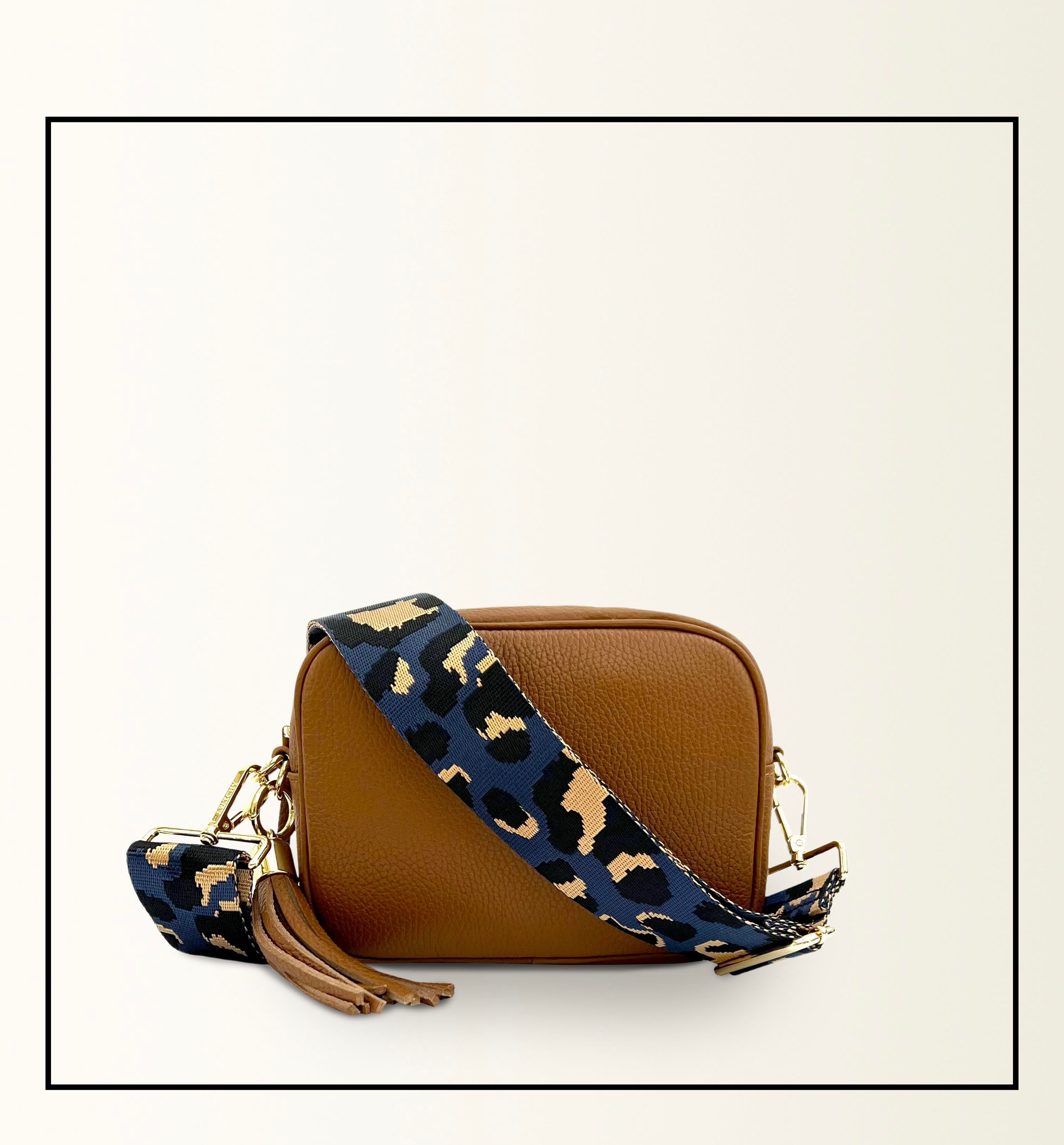 The Tassel Tan Leather Crossbody Bag With Navy Leopard Strap