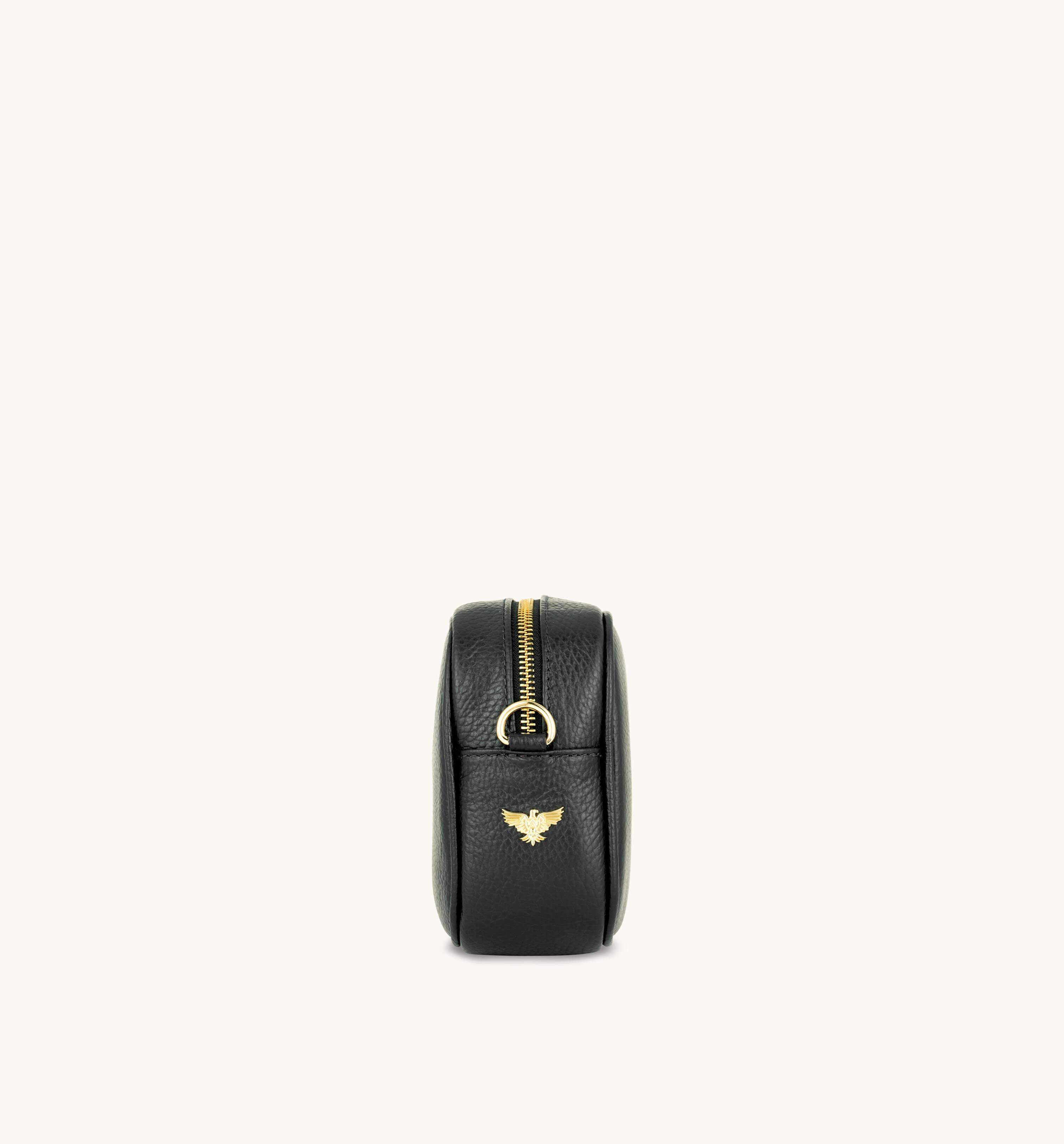 The Tassel Black Leather Crossbody Bag With Black & Gold Chevron Strap