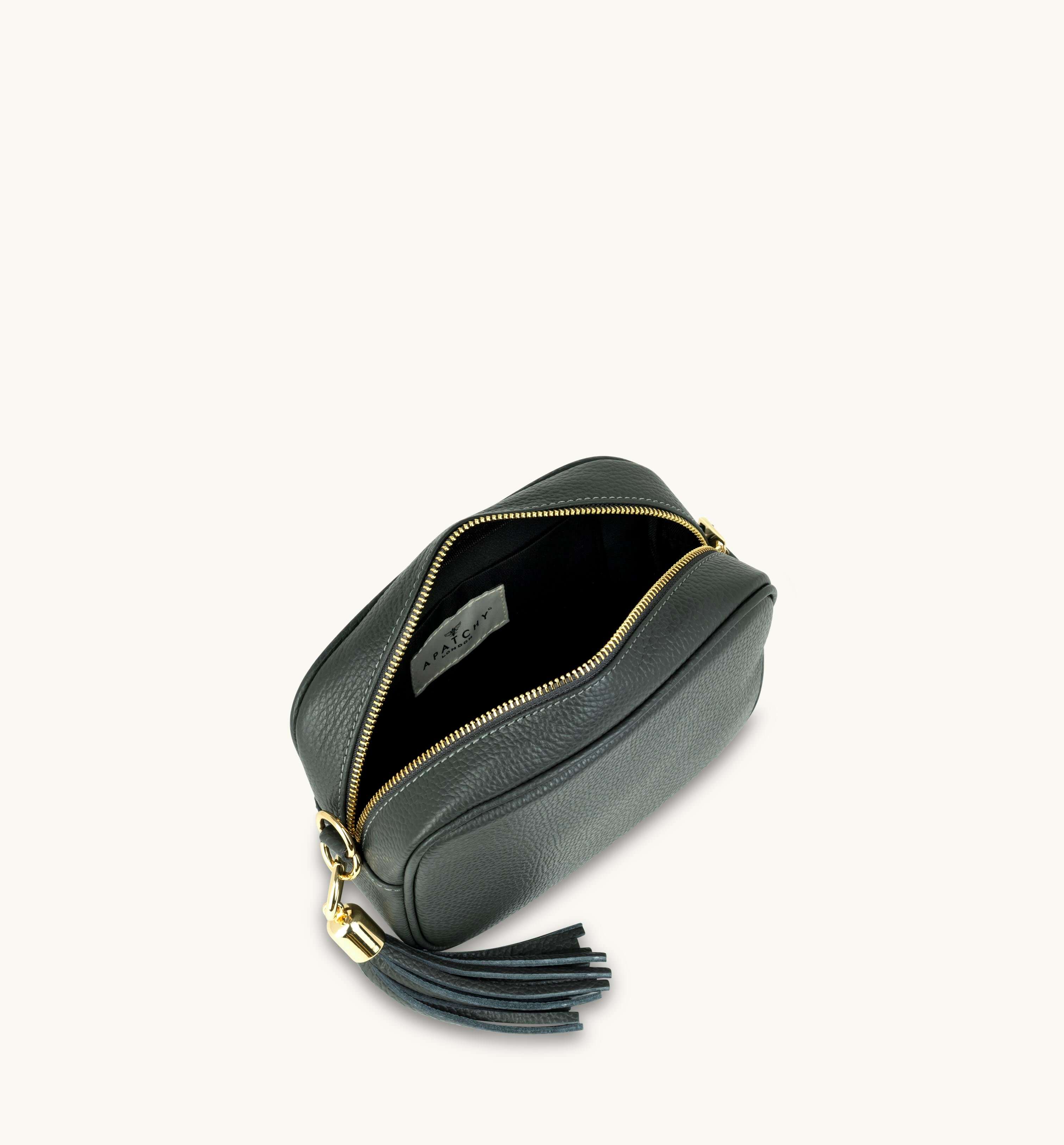 The Tassel Dark Grey Leather Crossbody Bag With Midnight Zigzag Strap