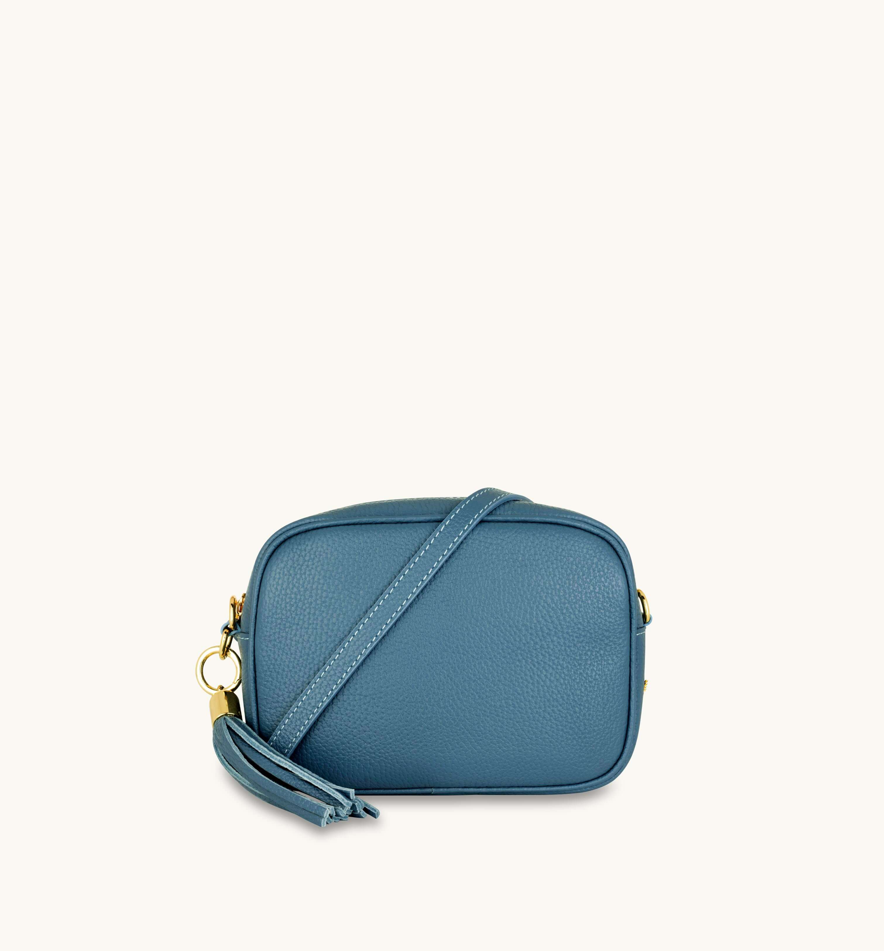 The Tassel Denim Blue Leather Crossbody Bag With Gold Chain Strap