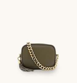 The Tassel Latte Leather Crossbody Bag With Gold Chain Strap