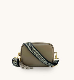 The Tassel Latte Leather Crossbody Bag With Black & Gold Chevron Strap