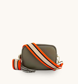 The Tassel Latte Leather Crossbody Bag With Orange, Tan & Black Stripe Strap