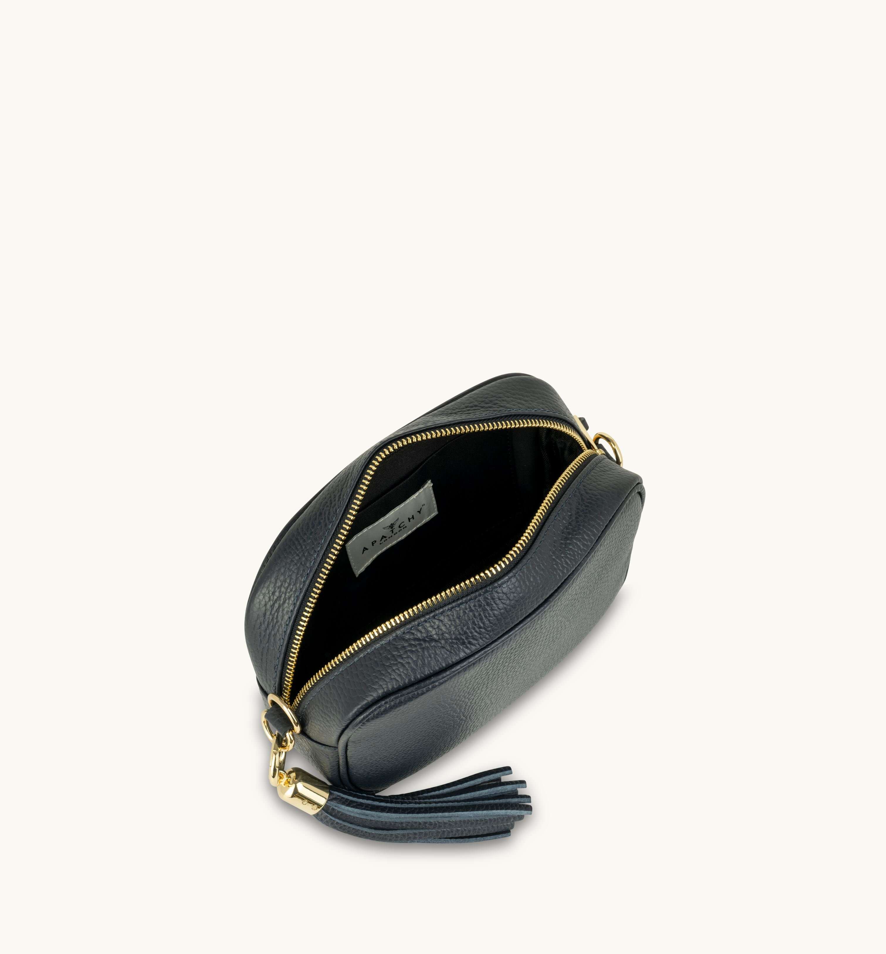 The Tassel Navy Leather Crossbody Bag With Navy & White ZigZag Strap