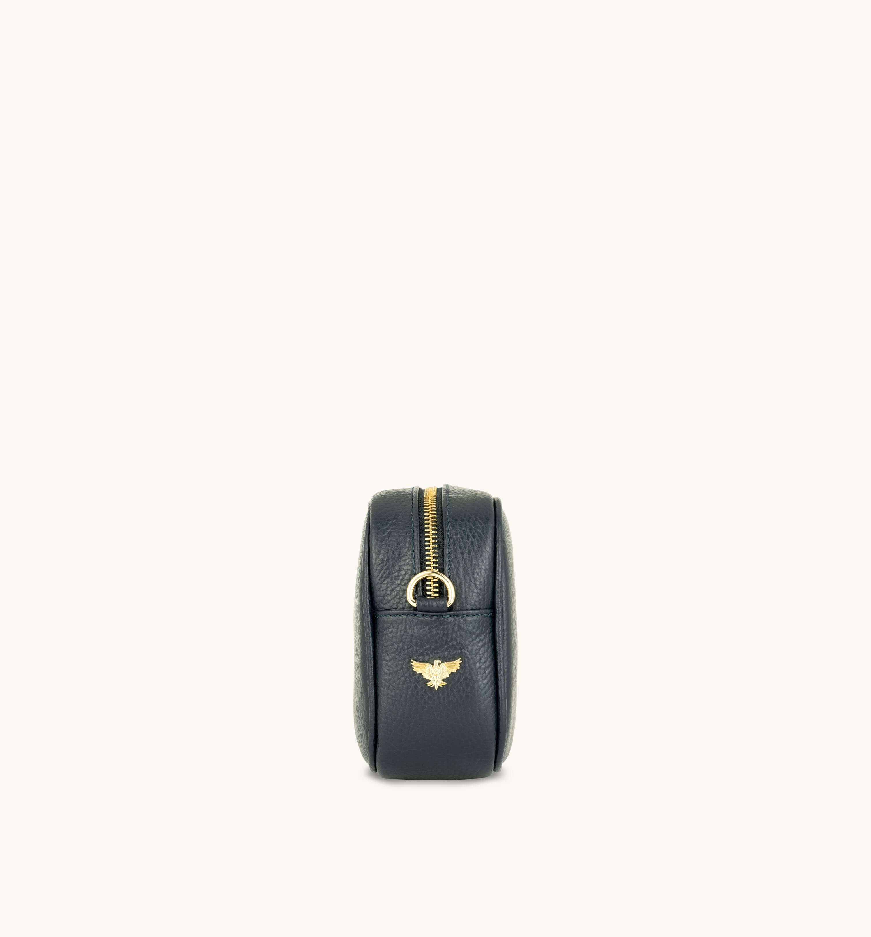 The Tassel Navy Leather Crossbody Bag With Olive Green Cheetah Strap
