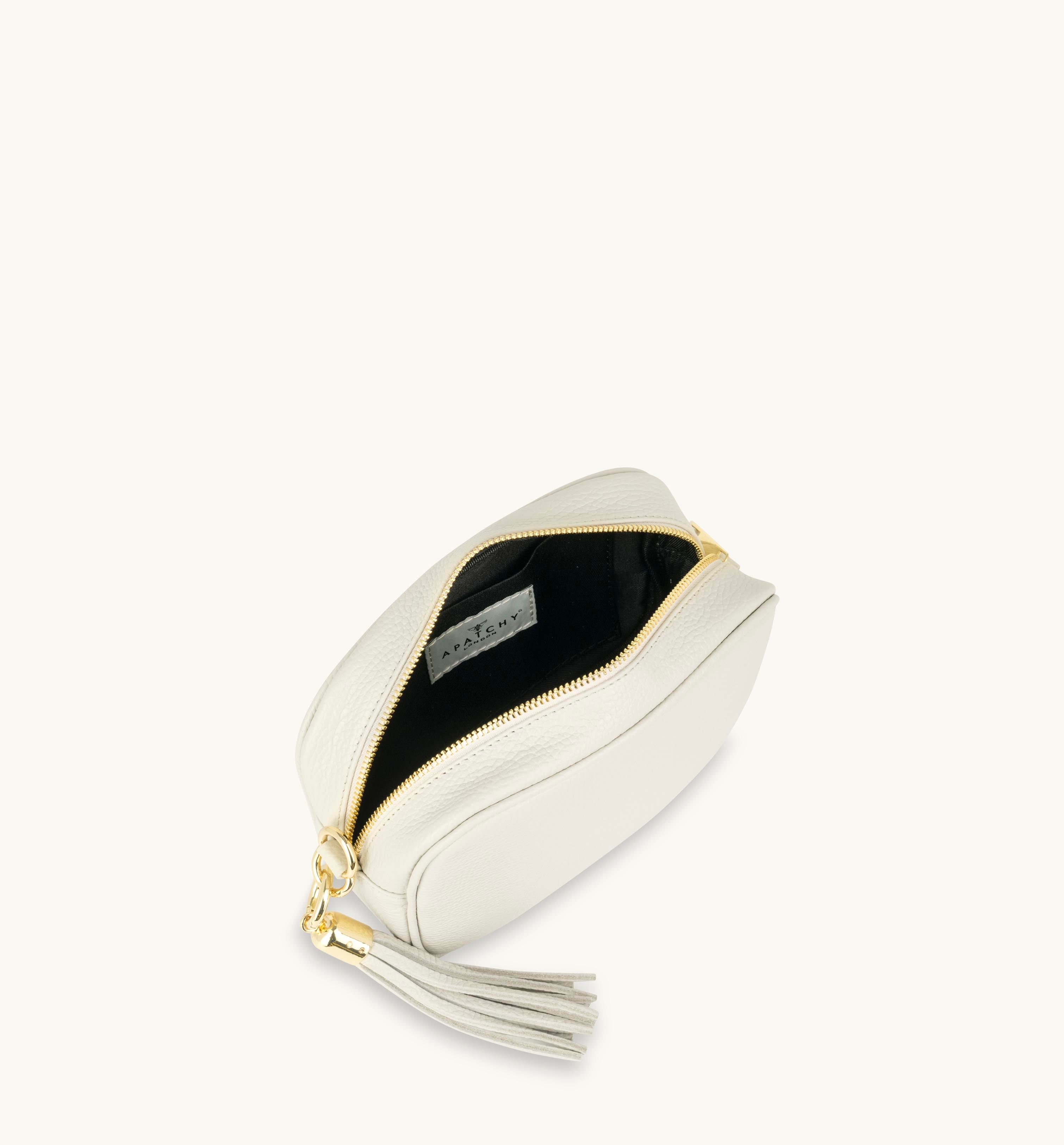 The Tassel Stone Leather Crossbody Bag With Midnight Zigzag Strap