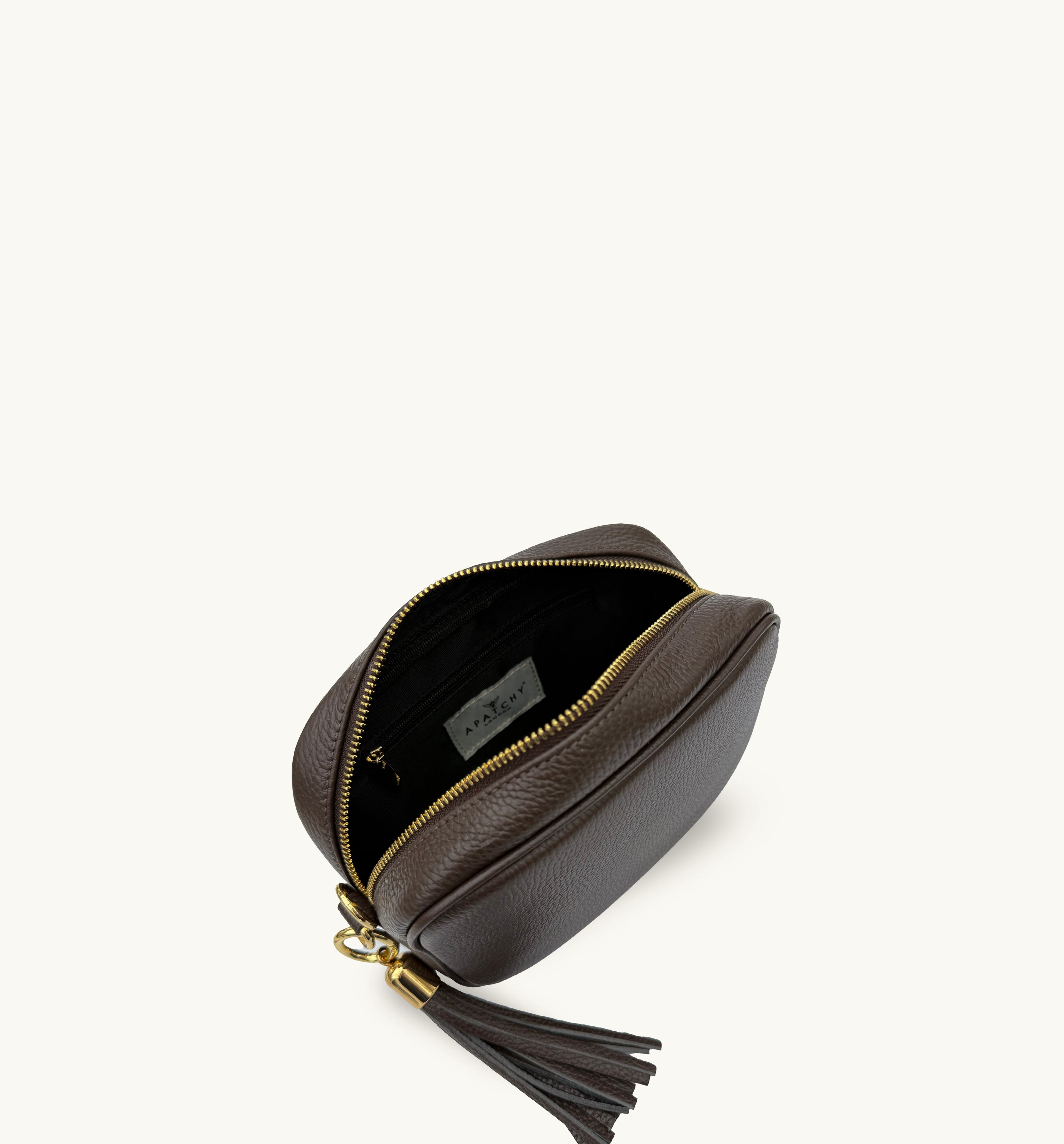 The Tassel Chocolate Leather Crossbody Bag With Lemon Cheetah Strap