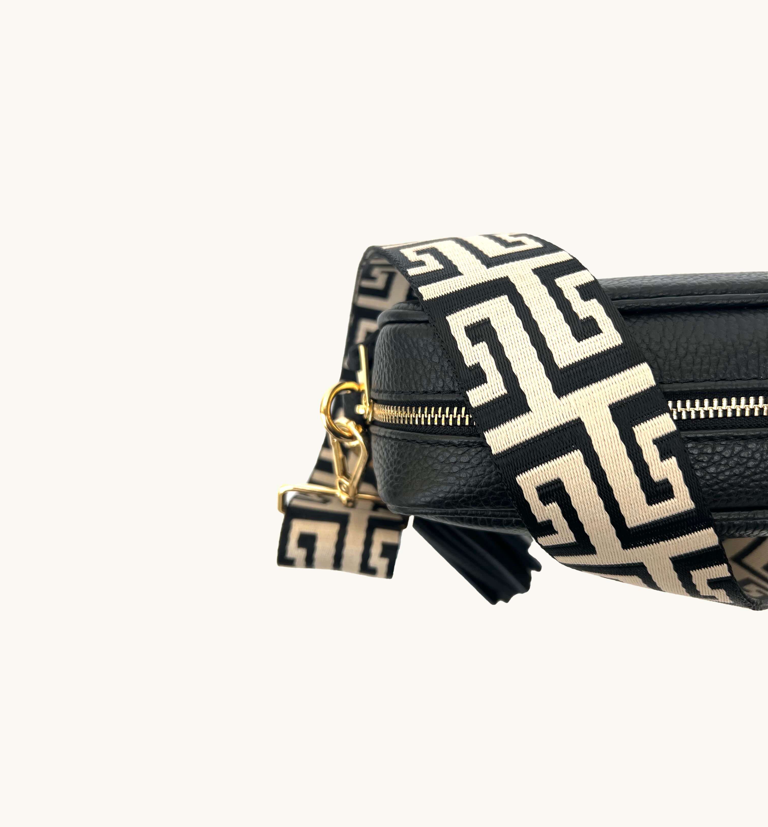 The Tassel Black Leather Crossbody Bag With Black & Stone Maze Strap