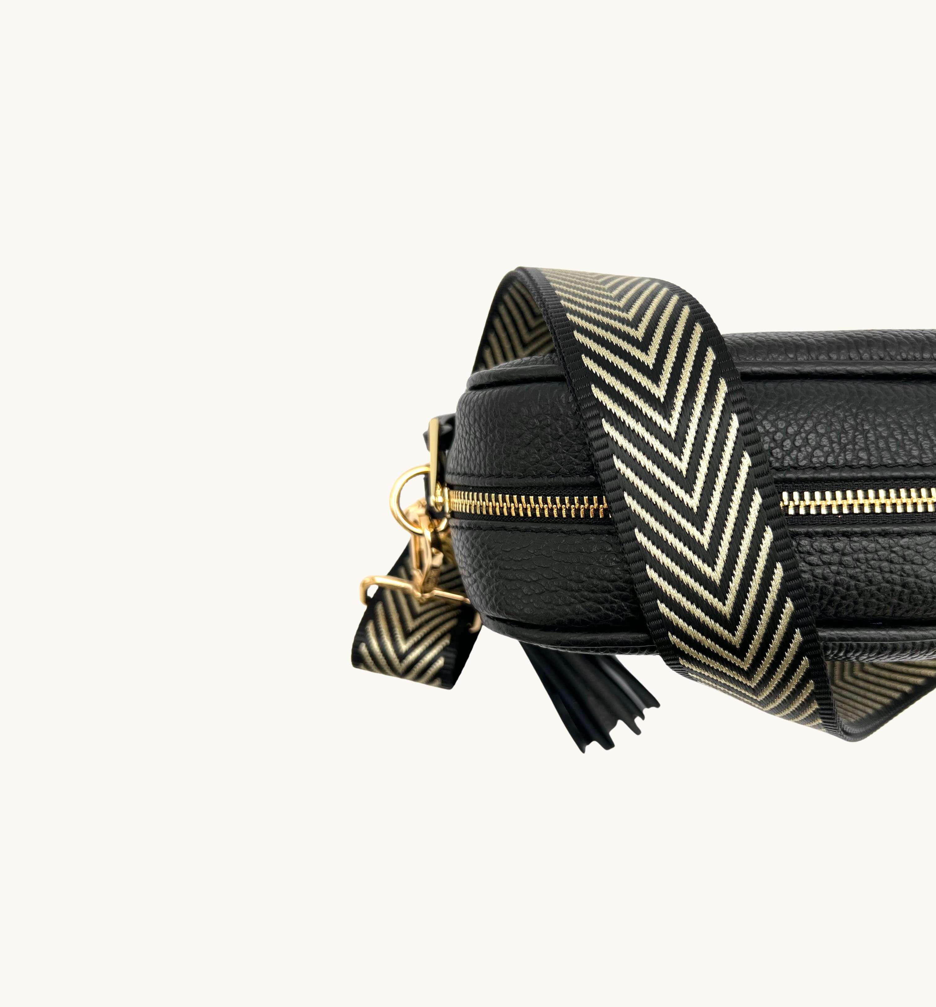 The Tassel Black Leather Crossbody Bag With Black & Gold Chevron Strap