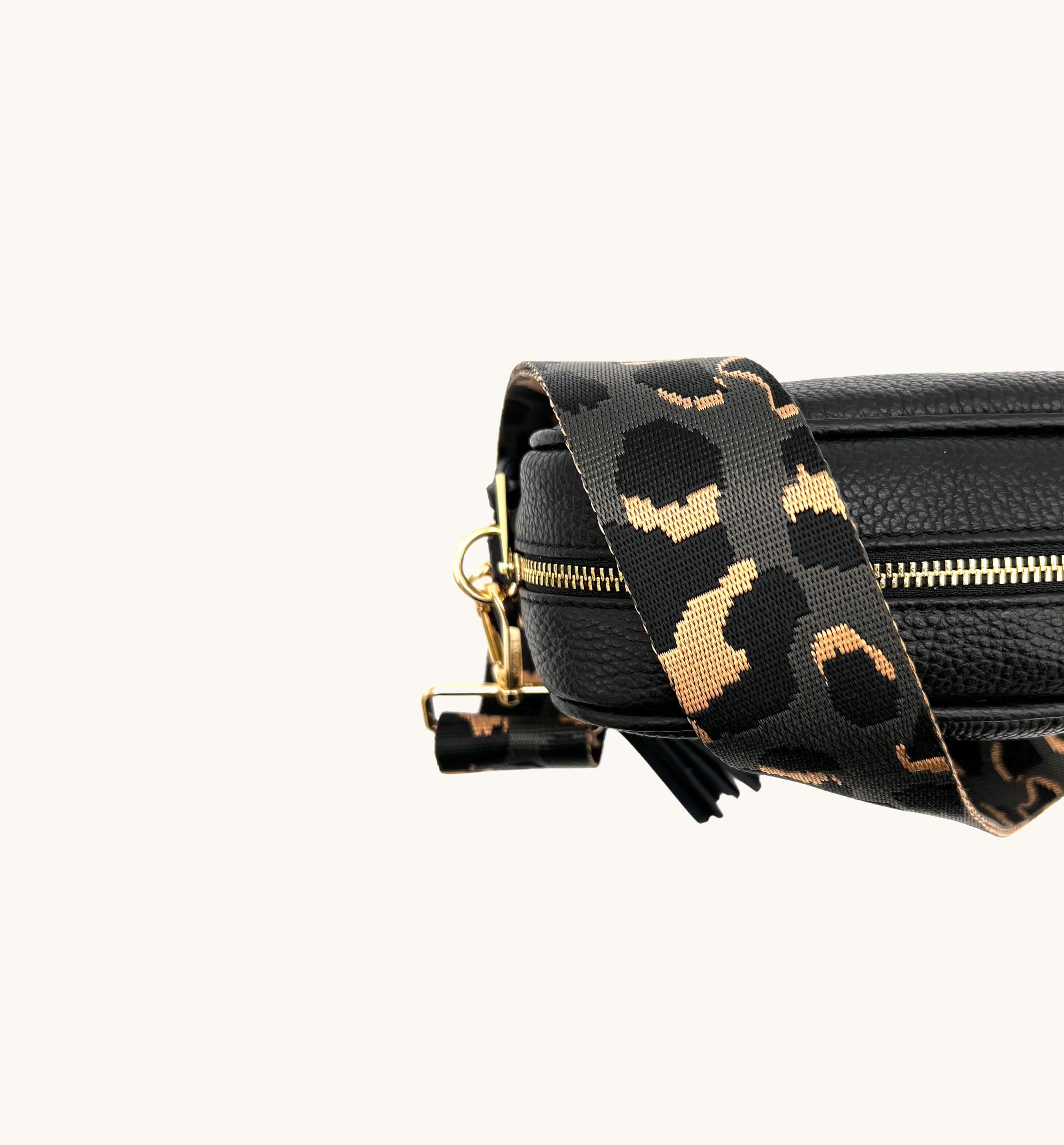 The Tassel Black Leather Crossbody Bag With Grey Leopard Strap