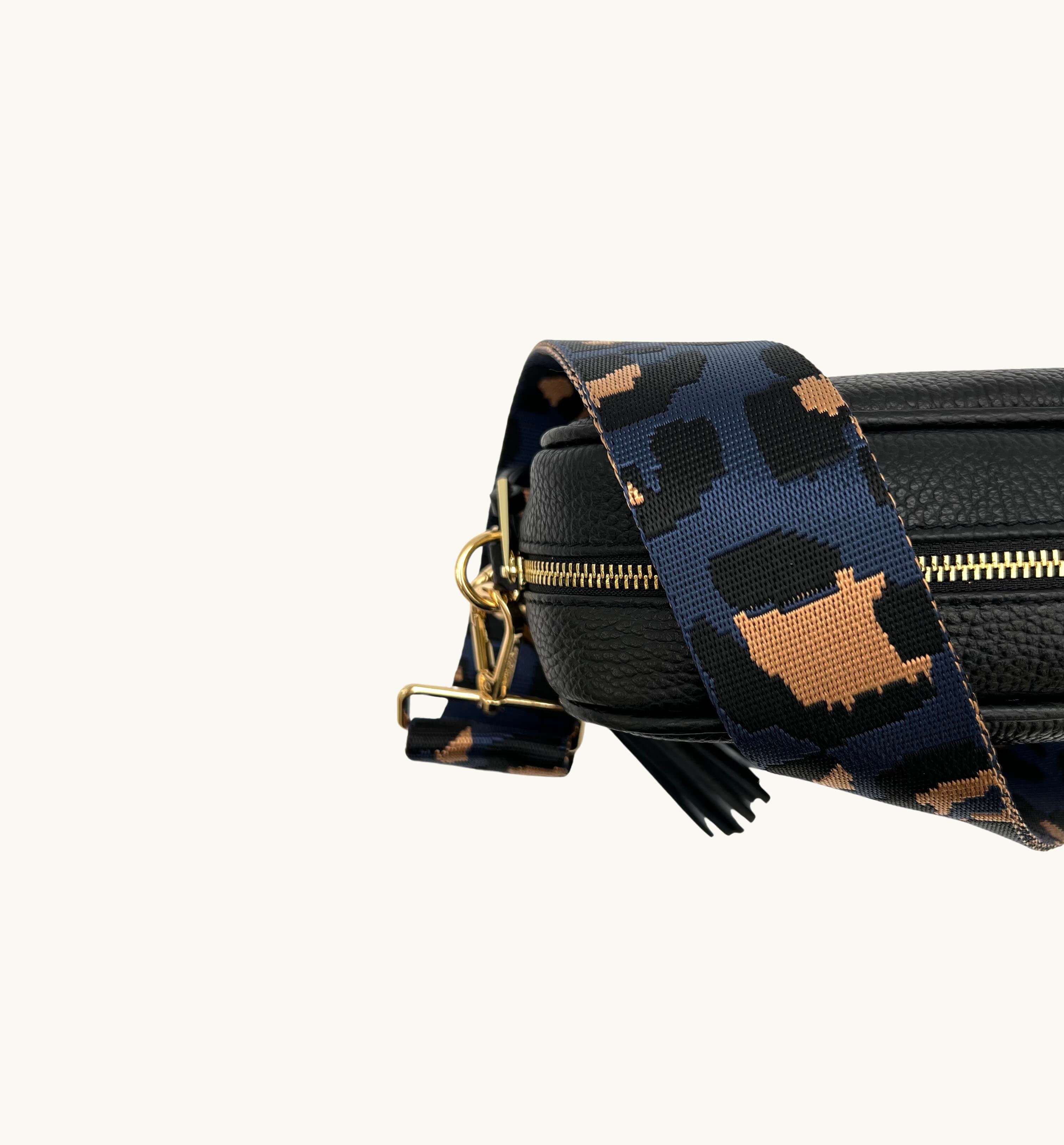 The Tassel Black Leather Crossbody Bag With Navy Leopard Strap