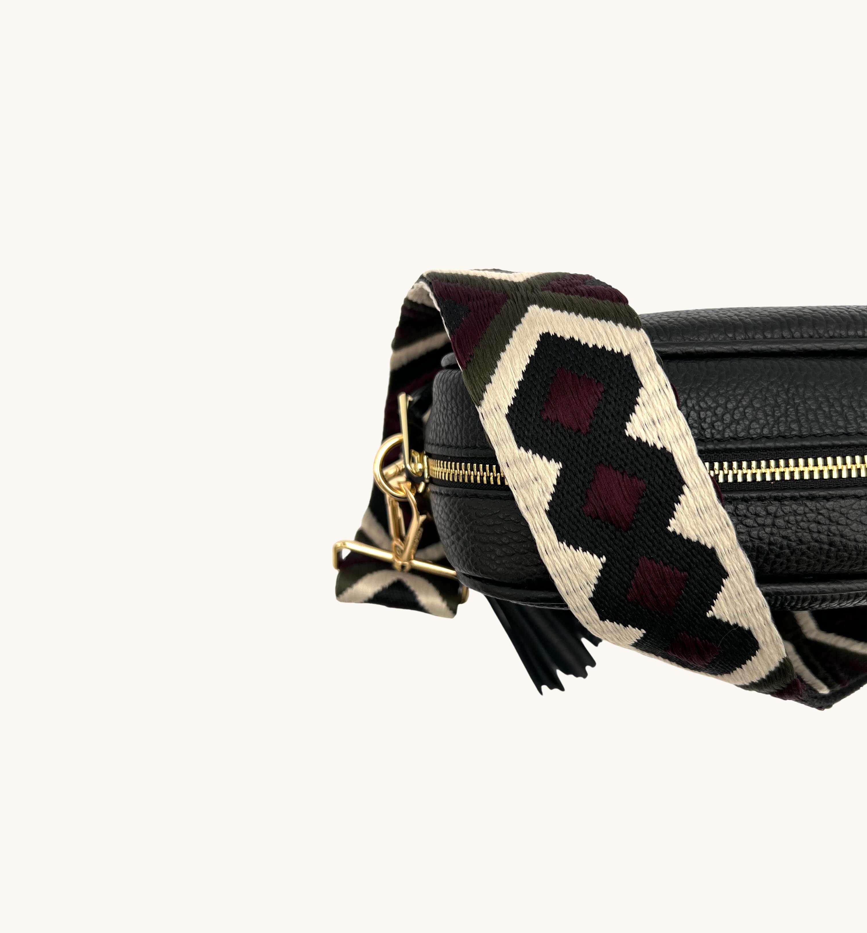 The Tassel Black Leather Crossbody Bag With Port & Olive Diamond Strap