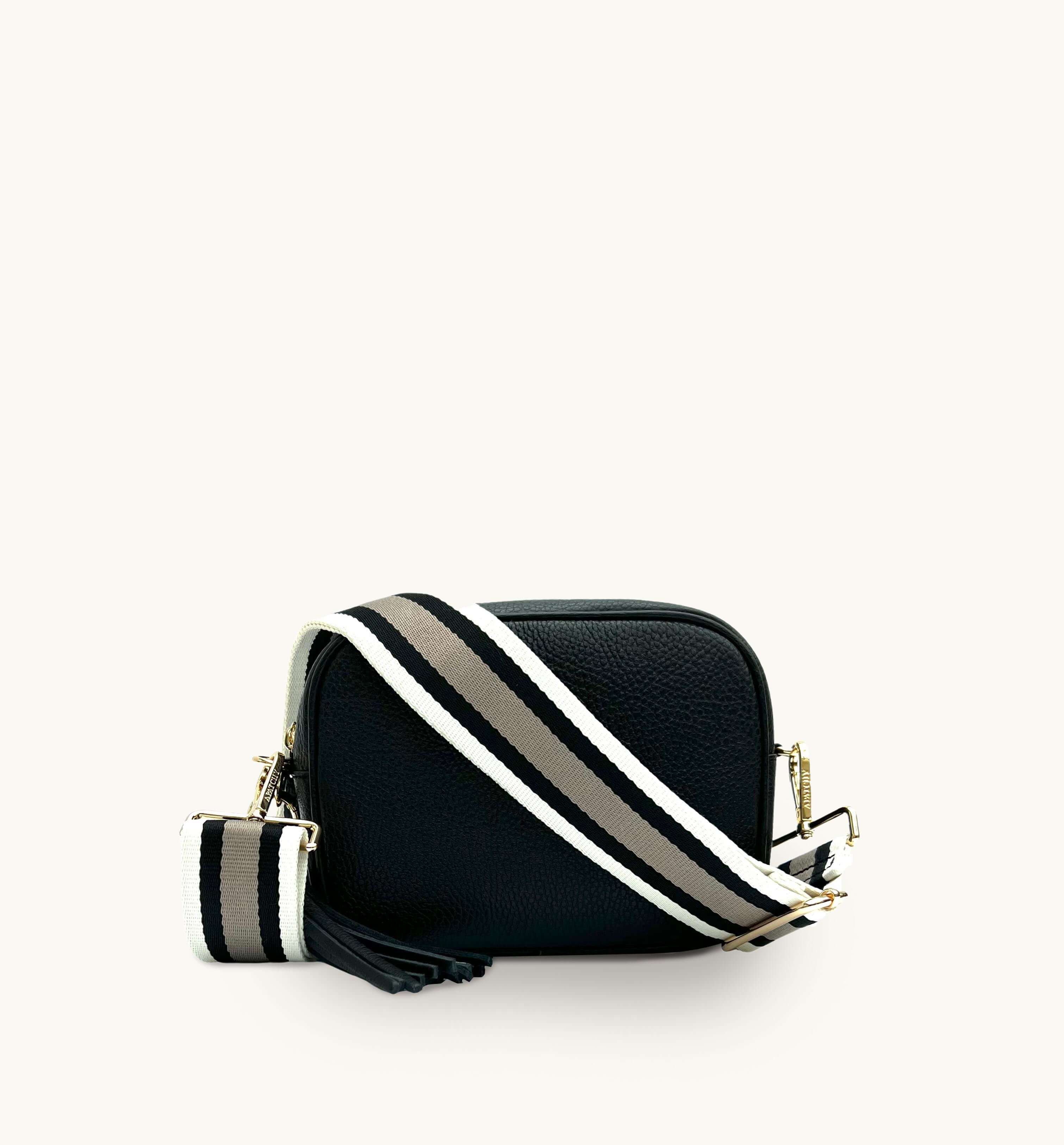 Apatchy London Womens Black Leather Crossbody Bag With Latte Stripe Strap - One Size