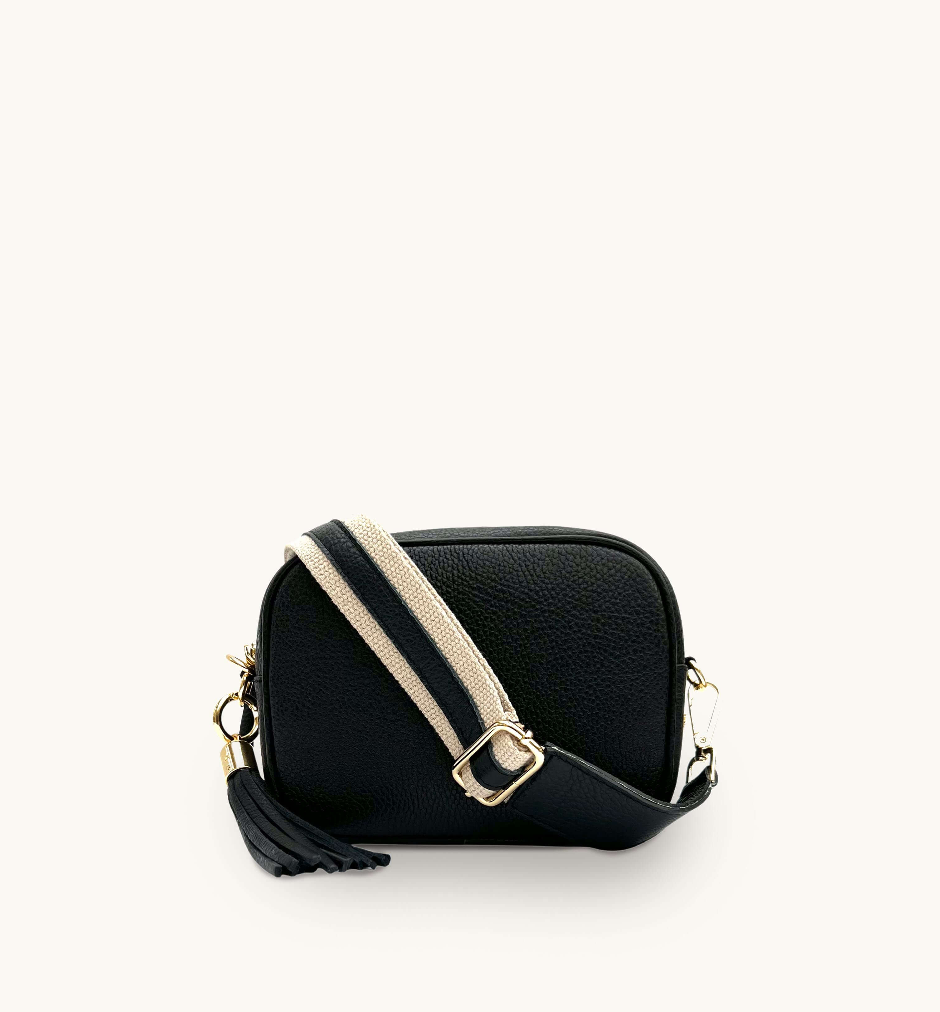 Black Leather Crossbody Bag With Leather & Canvas Strap – Apatchy London
