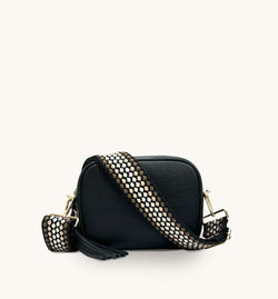 The Tassel Black Leather Crossbody Bag With Cappuccino Dots Strap