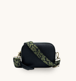 The Tassel Black Leather Crossbody Bag With Olive Green Cheetah Strap