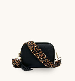 The Tassel Black Leather Crossbody Bag With Tan Cheetah Strap
