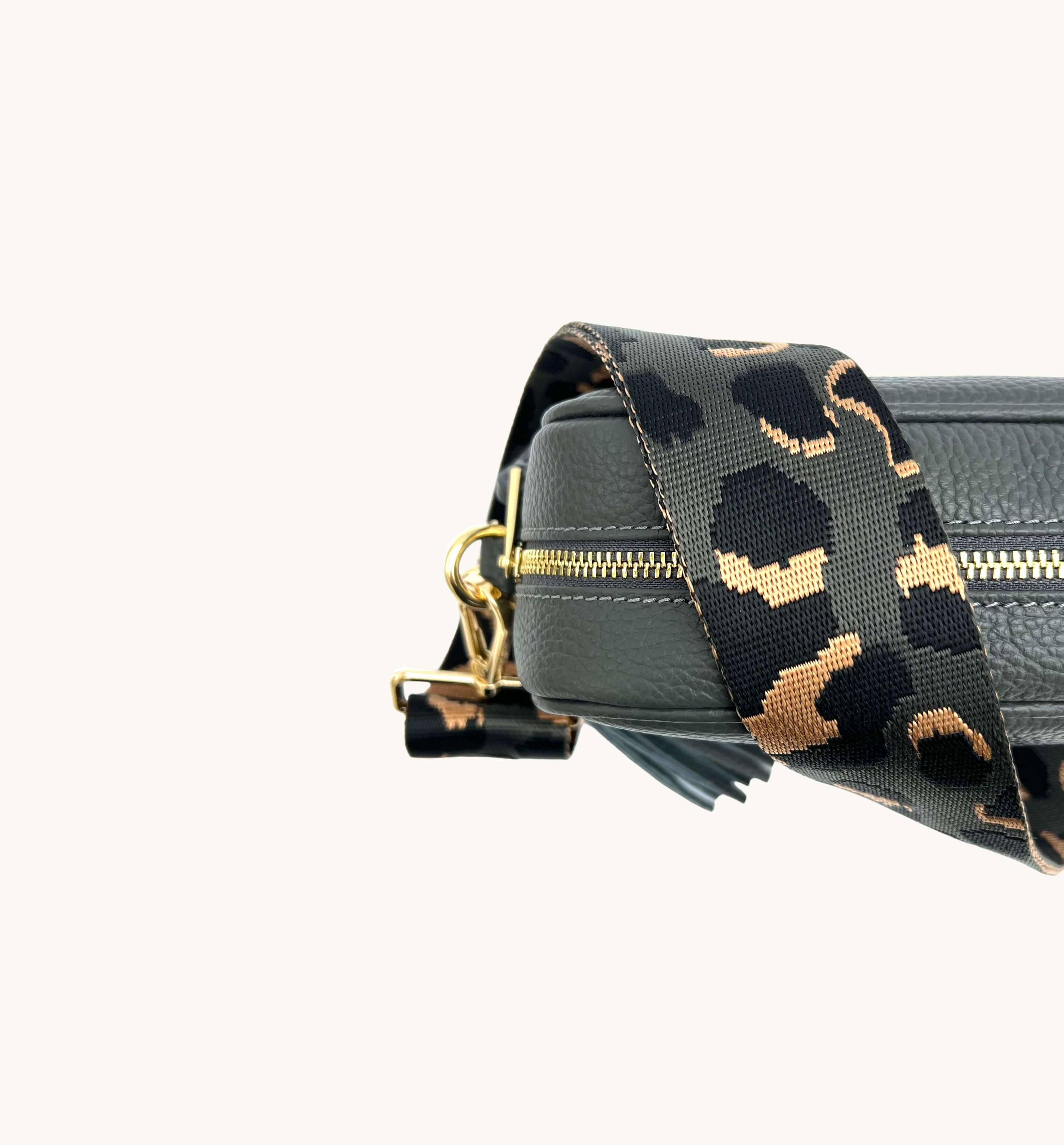 The Tassel Dark Grey Leather Crossbody Bag With Grey Leopard Strap