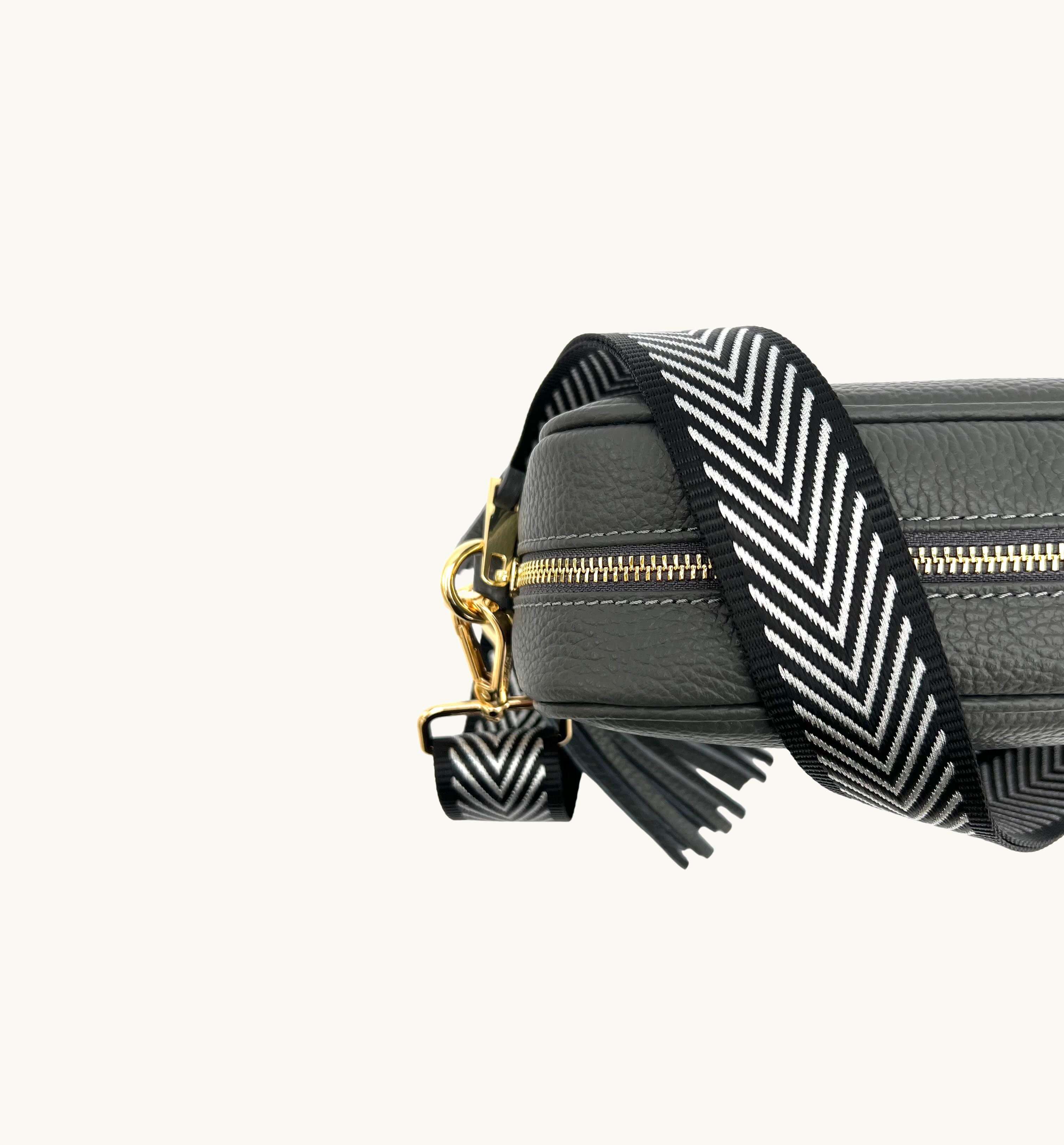 The Tassel Dark Grey Leather Crossbody Bag With Black & Silver Chevron Strap