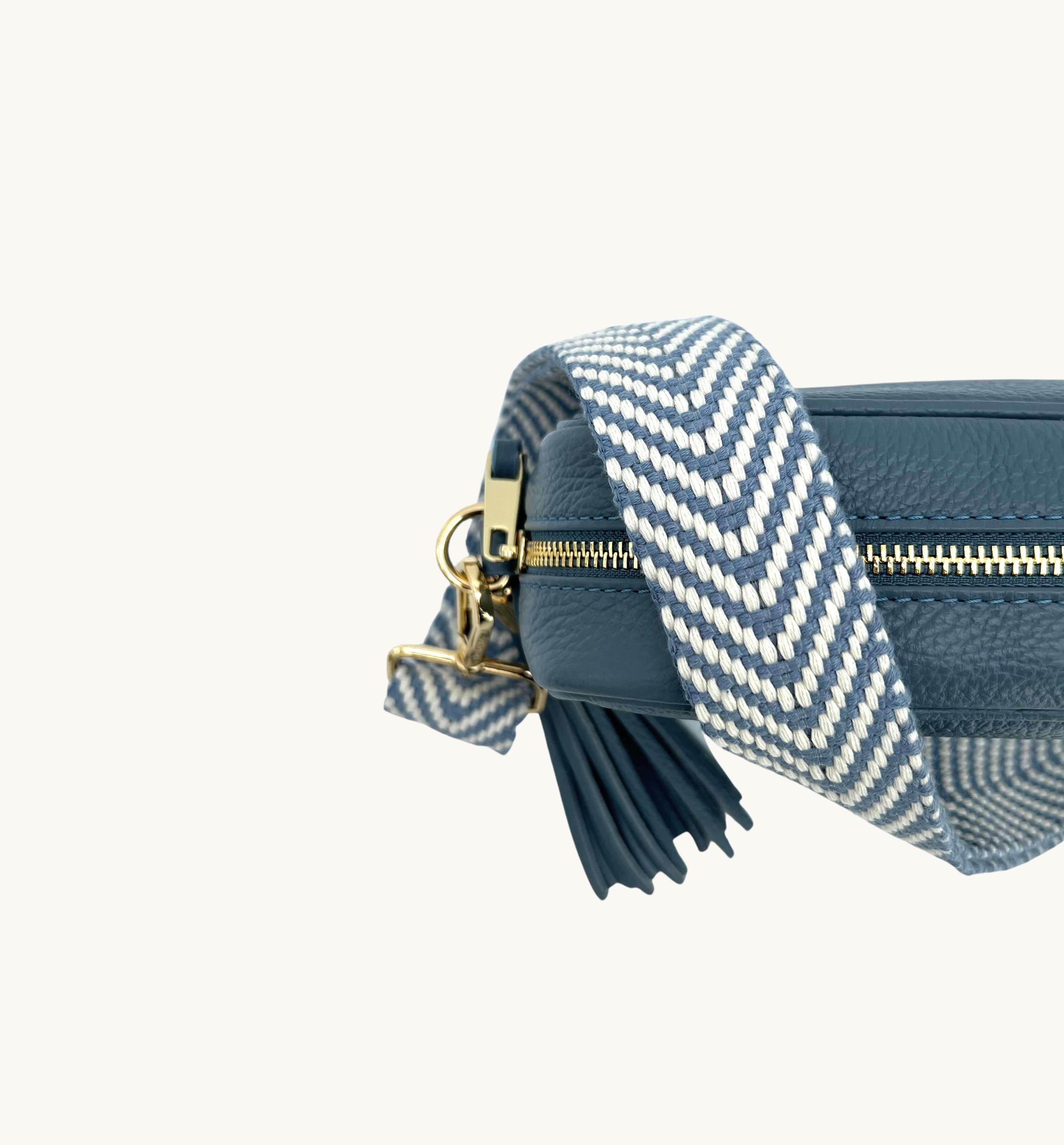 The Tassel Denim Blue Leather Crossbody Bag With Denim Blue Chevron Strap