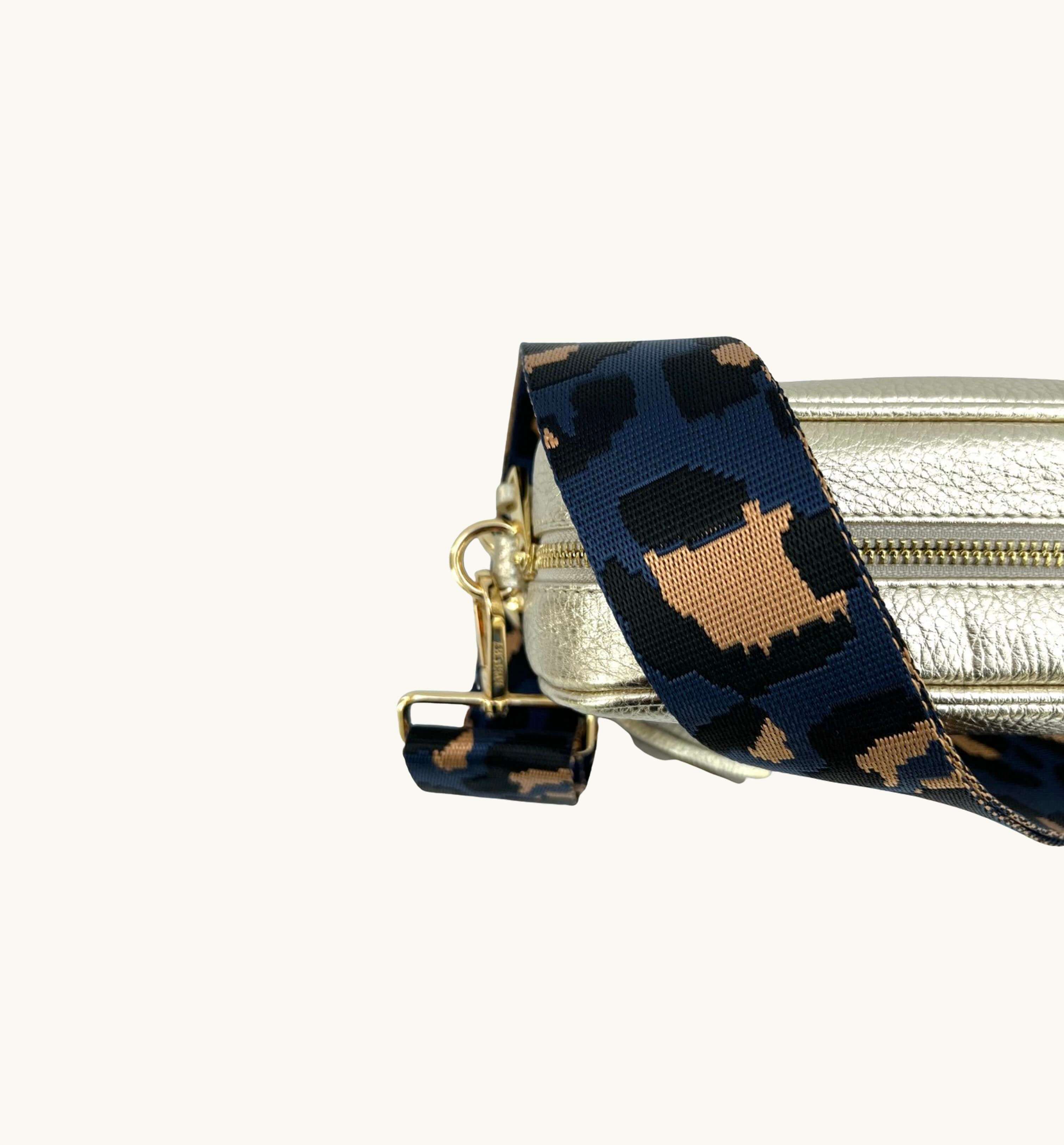 The Tassel Gold Leather Crossbody Bag With Navy Leopard Strap