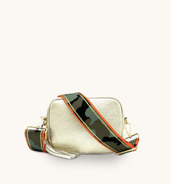The Tassel Gold Leather Crossbody Bag With Orange & Gold Stripe Camo Strap