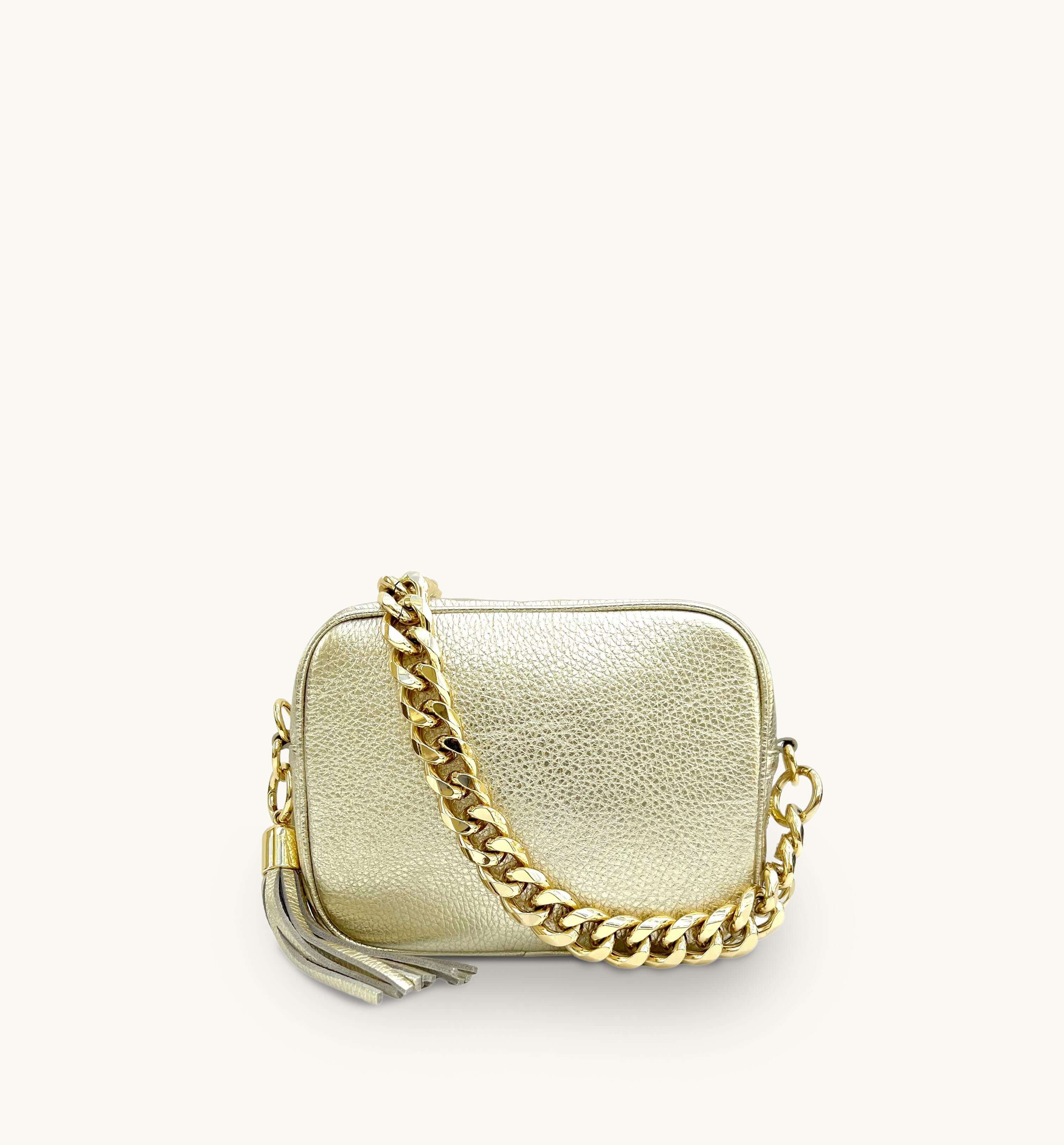 The Bloxsome Black Leather Crossbody Bag & Gold Chain Strap – Apatchy London