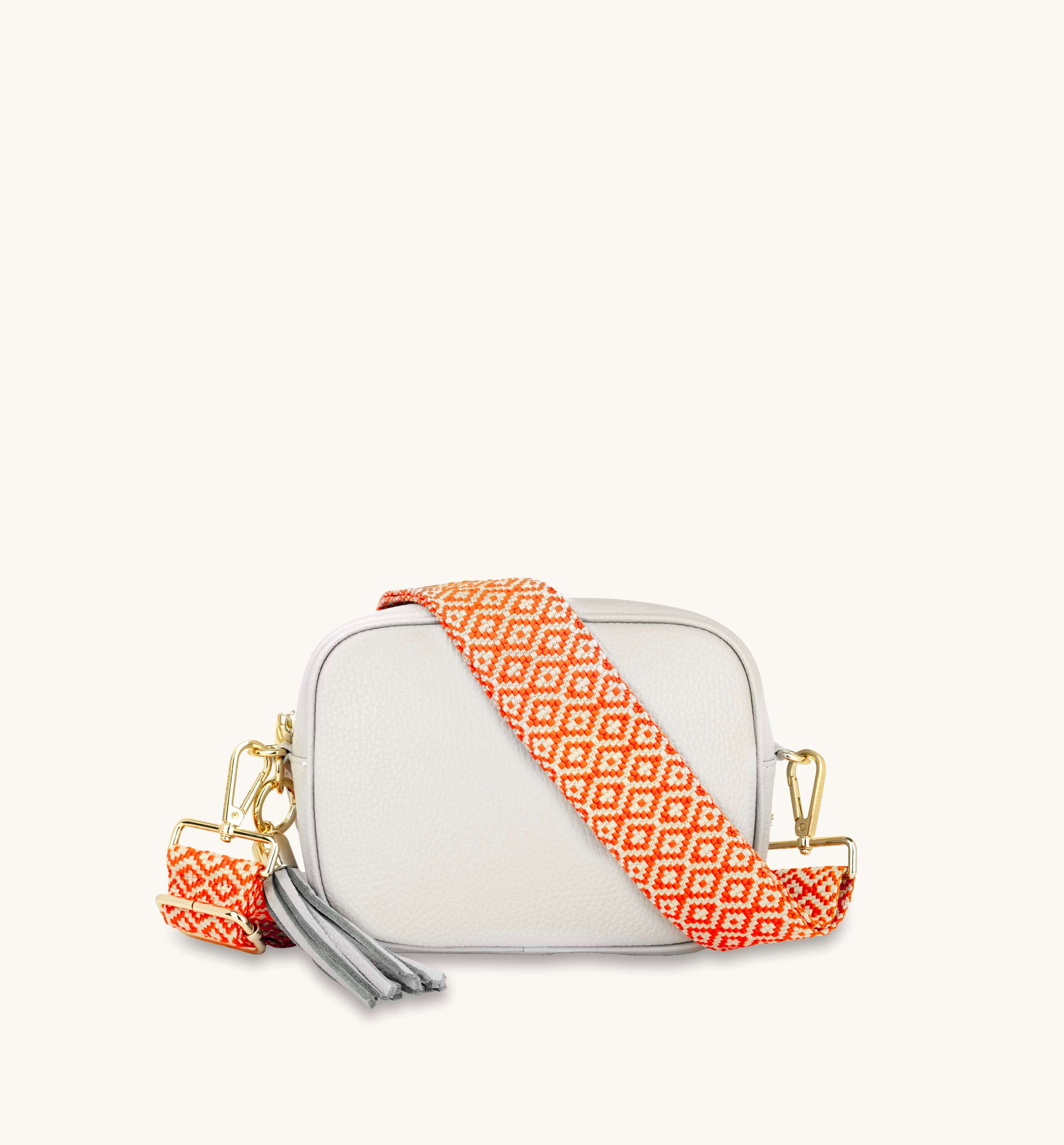 Apatchy Light Grey Leather Crossbody Bag With Orange Cross-Stitch Strap