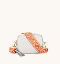 The Tassel Light Grey Leather Crossbody Bag With Orange Cross-Stitch Strap