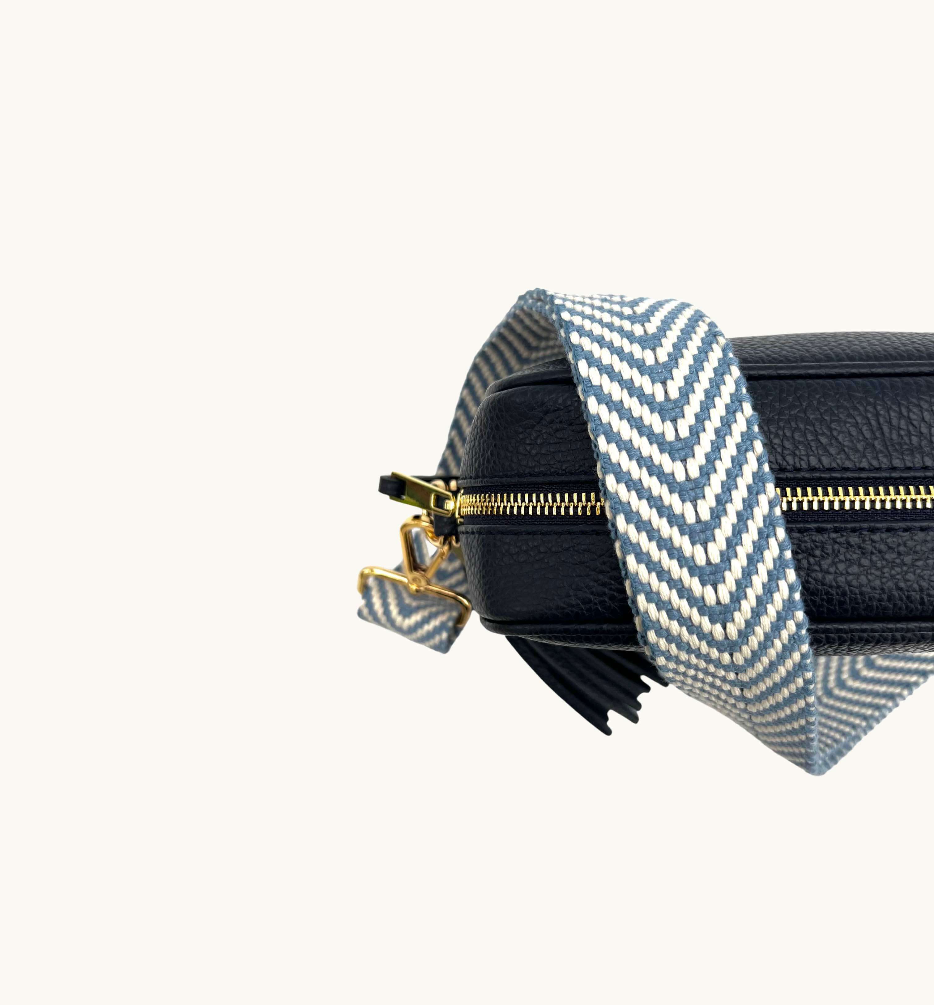 The Tassel Navy Leather Crossbody Bag With Denim Blue Chevron Strap