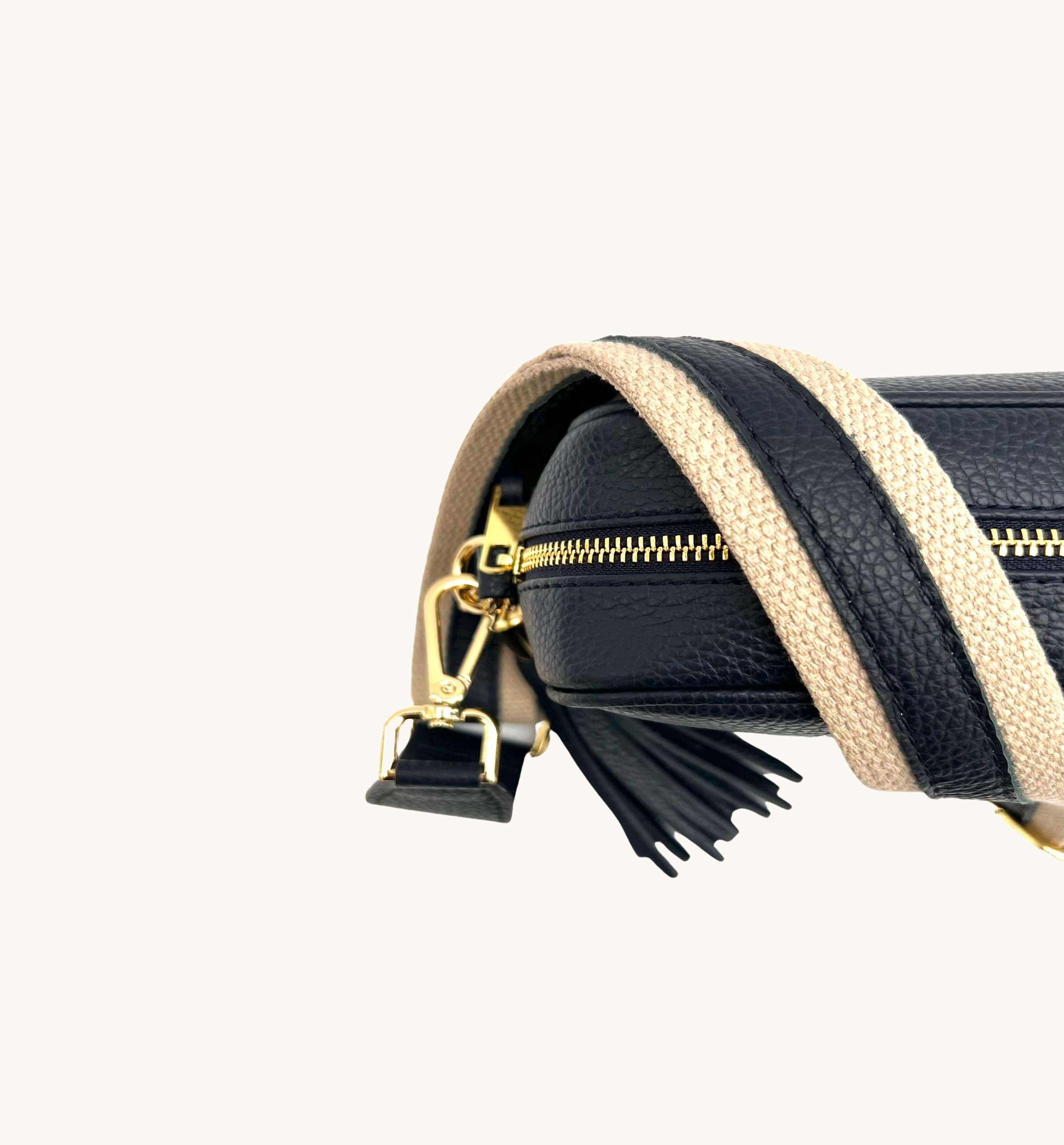 The Tassel Navy Leather Crossbody Bag With Leather & Canvas Strap