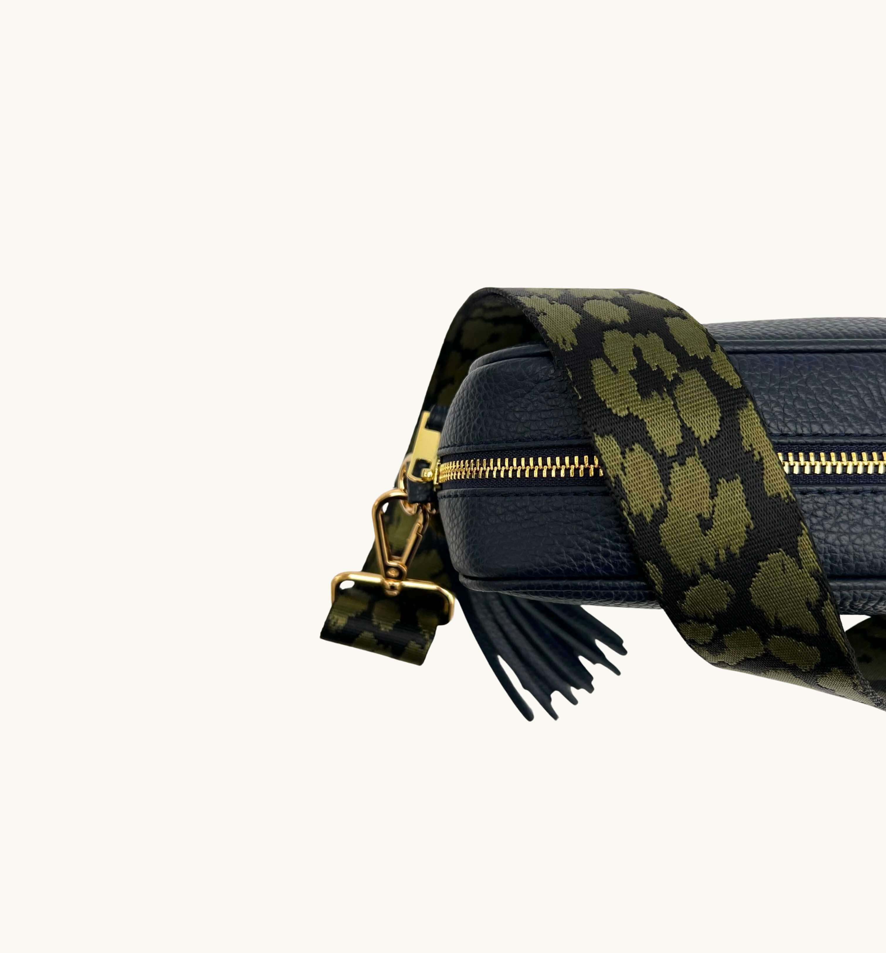The Tassel Navy Leather Crossbody Bag With Olive Green Cheetah Strap