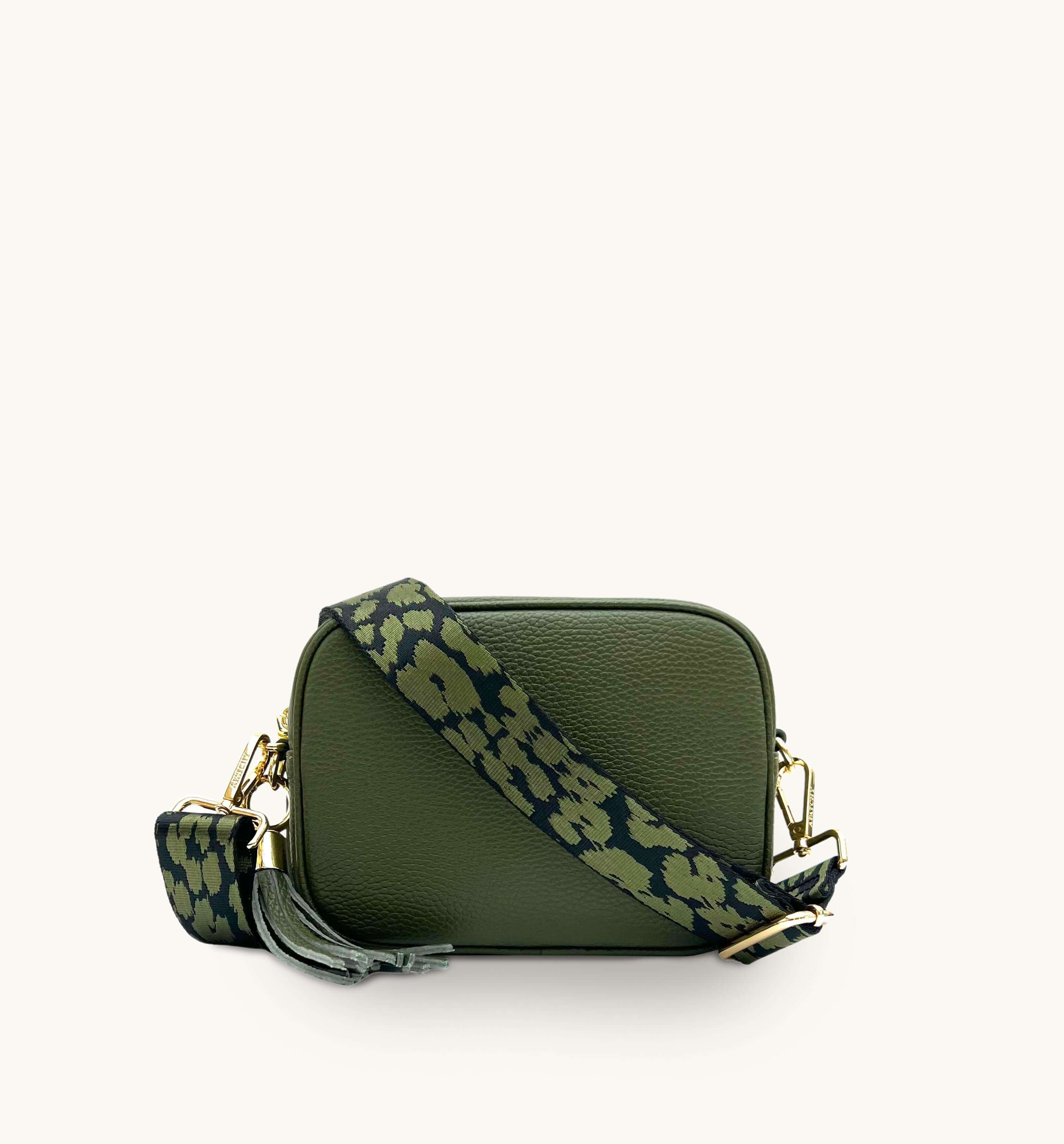 Apatchy Olive Green Leather Crossbody Bag With Olive Green Cheetah Strap