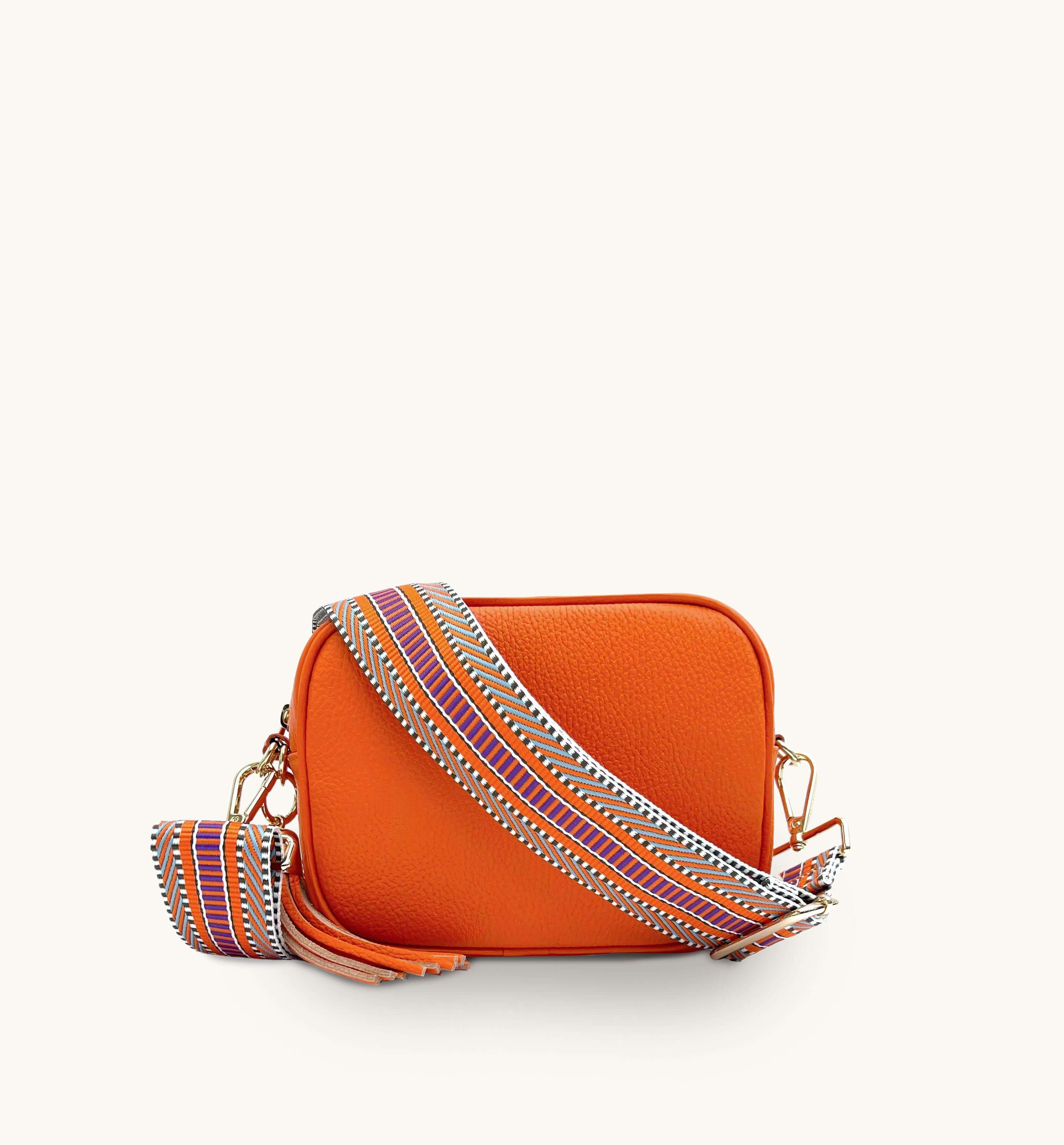 Orange Leather Crossbody Bag With Patterned Strap By Penelopetom