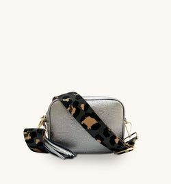 The Tassel Pewter Leather Crossbody Bag With Grey Leopard Strap